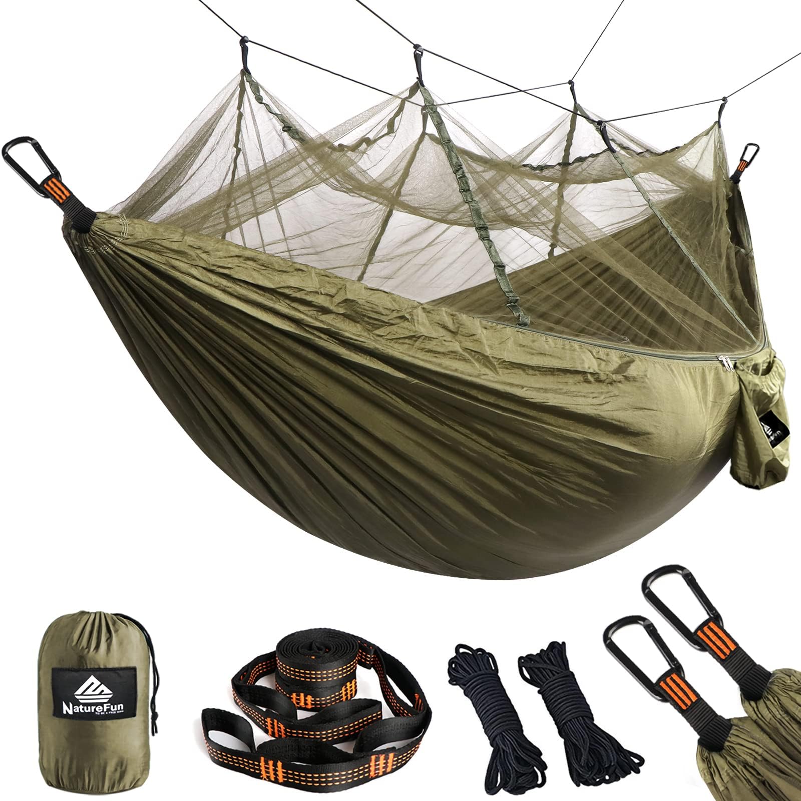 NATUREFUNTravel Bug Net Camping Hammock | 300kg Load Capacity,(275 x 140 cm) Breathable,Quick-drying Parachute Nylon | 2 x Premium Carabiners,4 x Nylon Slings Included | For Outdoor Indoor Garden