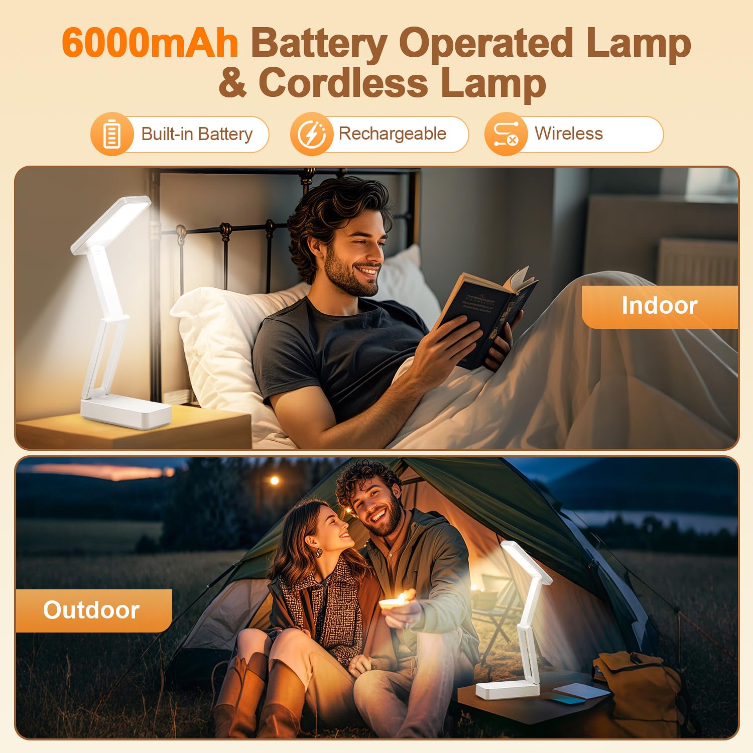 OneFire Lampe de Bureau Sans Fil 6000mAh, Lampe LED Rechargeable Pliable et Portable avec 3 Températures & 10 Niveaux, Minuterie 45min pour Chevet et Lecture, Lampe de Chevet, Lampe de Lecture, Blanc