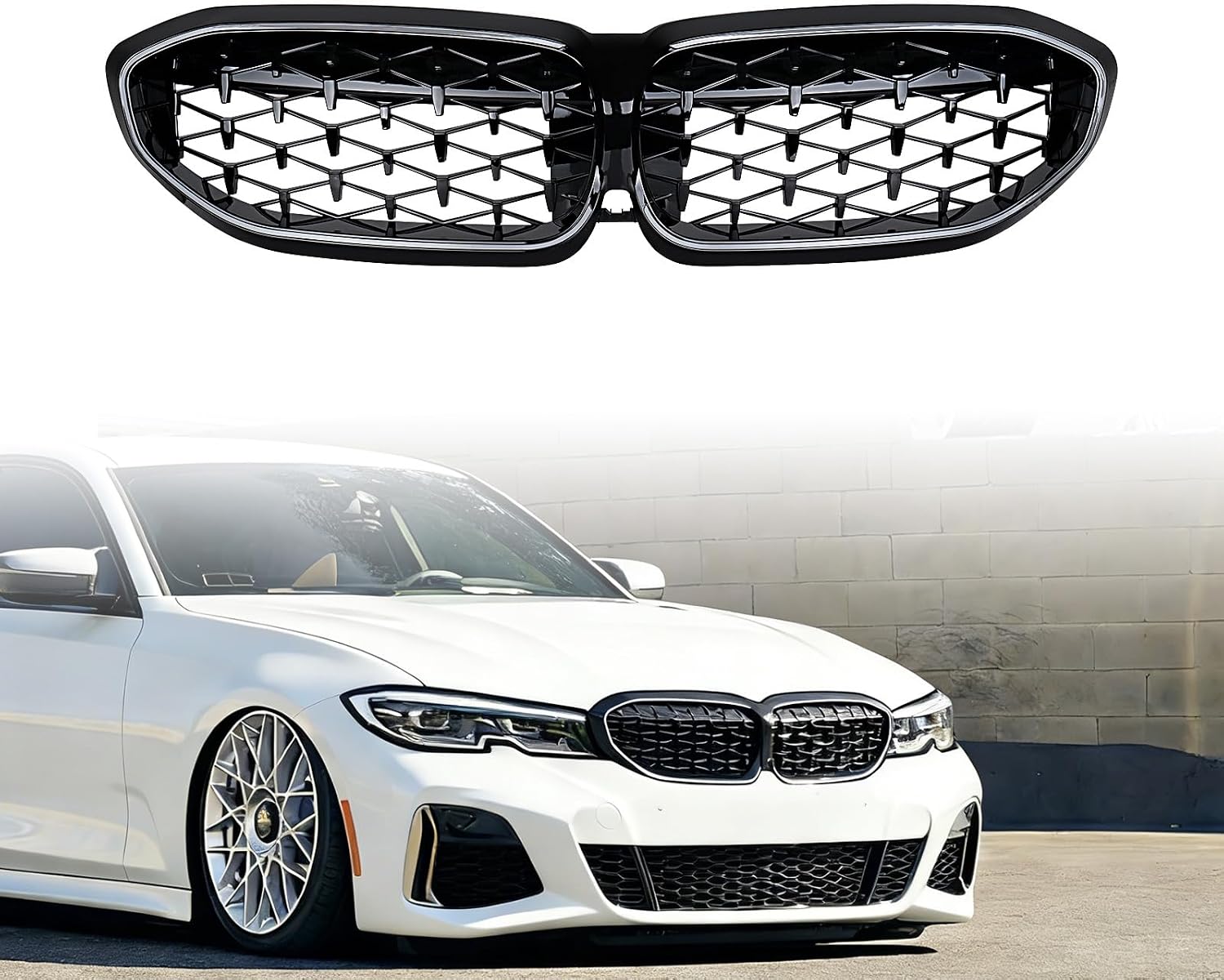 Glossy Black LED Front Grille w/DRL Compatible with 2019-2022 BMW 3-Series G20 G21 Diamond Star Replacement Grill w/Wiring Harness OE 51137457041, 51137449432