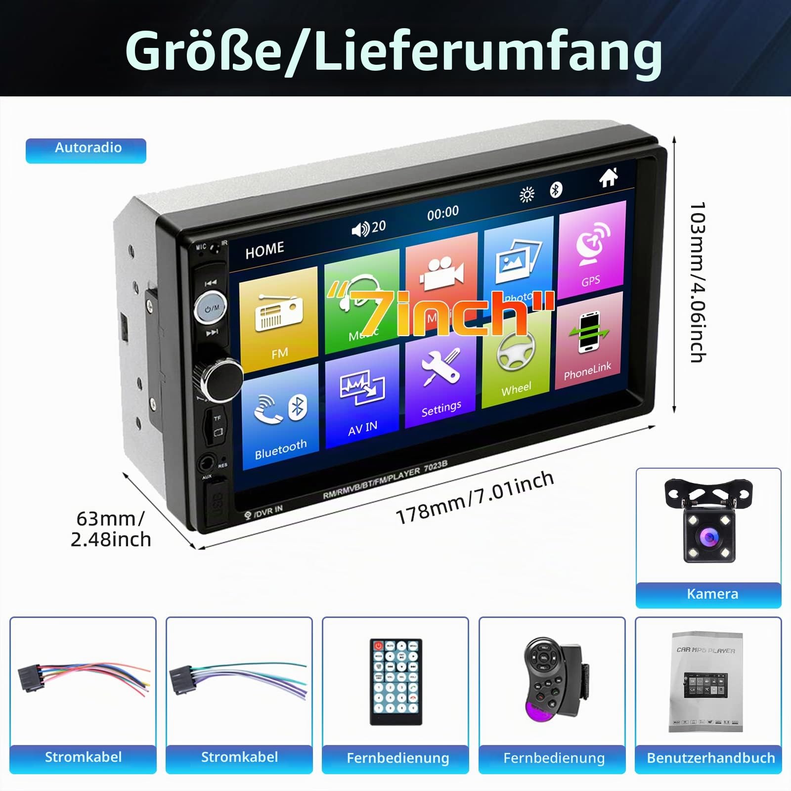 Podofo 2 DIN Autoradio Bluetooth Freisprechanruf 7 Zoll Touchscreen Spiegellink Doppel DIN Auto Radio USB/SD/TF/AUX FM mit Rückfahrkamera Lenkradsteuerung Fernbedienung