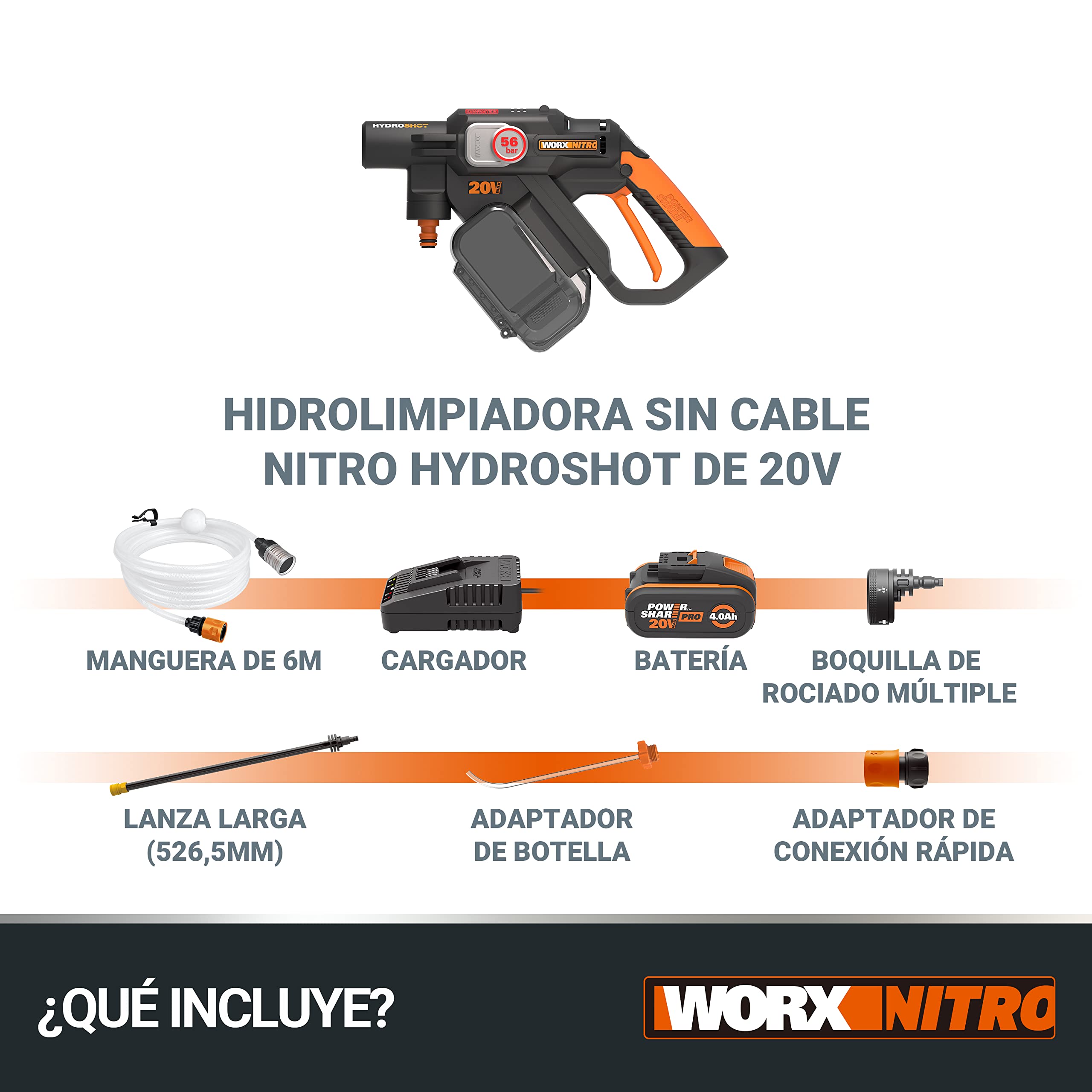 WORX Nitro WG633E Hdrolimpiadora 20V 4Ah, 56Bar, 220L/H, Limpieza de Coches y terrazas, batería y Cargador incluidos, compacta, Ligera y transportable para Limpiar en Cualquier Lugar