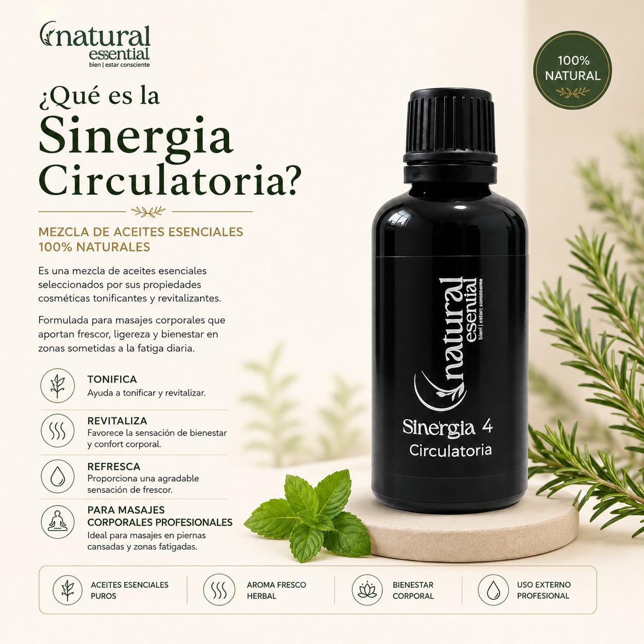 Sinergia 4 | Sinergia Circulatoria Natural Esential 50 ml | Aromaterapia | Mezcla Aceites Esenciales | Potencia la Maderoterapia | Indicada Masajes Corporales Profesionales | Tonificante y Estimulante