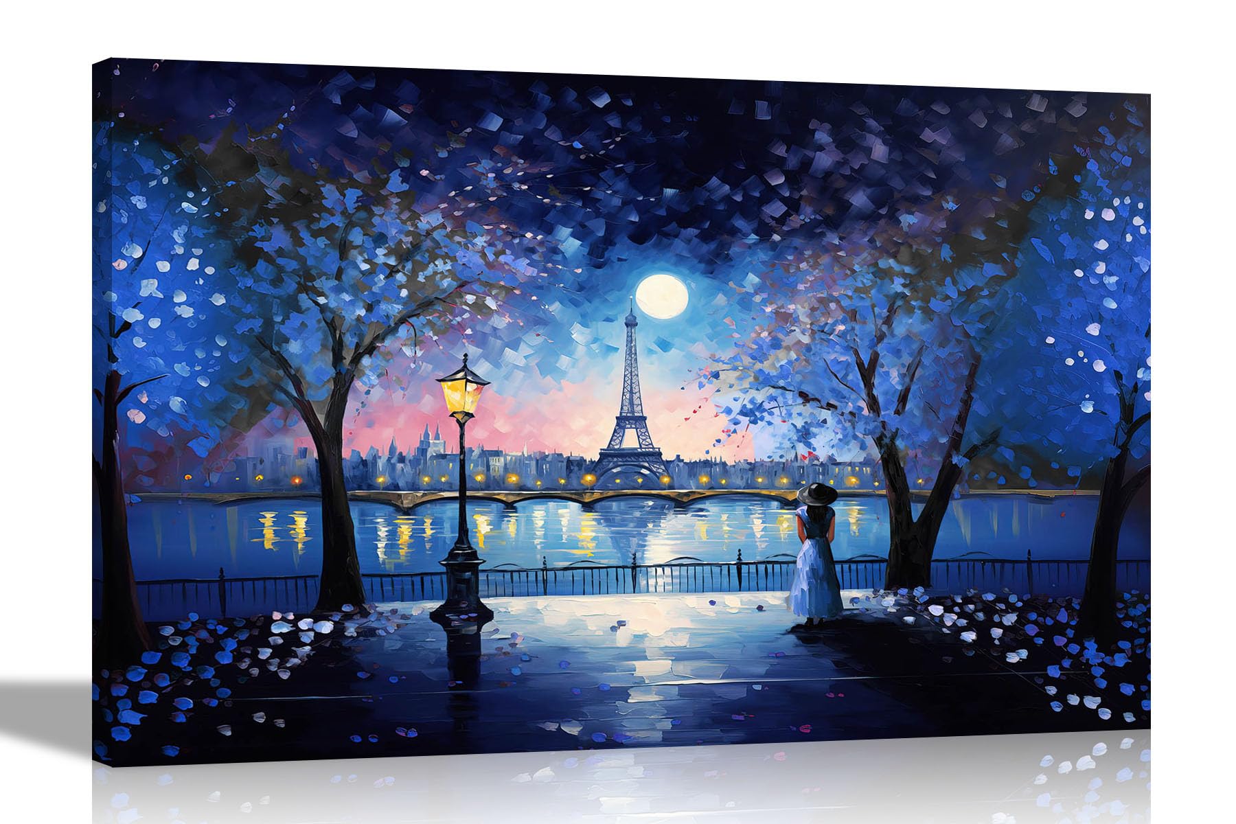 Artley Prints Blue - Moonlight Eiffel Tower Canvas Wall Art Prints | Abstract City Pictures | Framed And Ready To Hang 76 X 50Cm (30 X 20 Inches)
