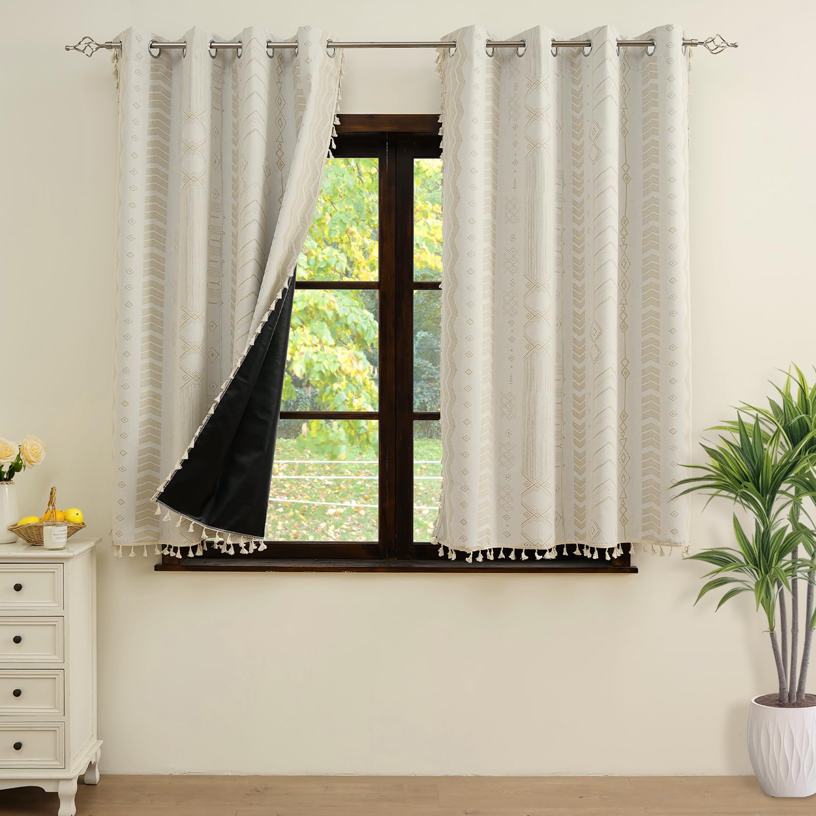 ColorBird Boho Curtains Beige Cream Blackout 2 Panels 63 Inch Length Thermal Insulated Window Treatment Patterned Western Bohemian Aztec Black Out