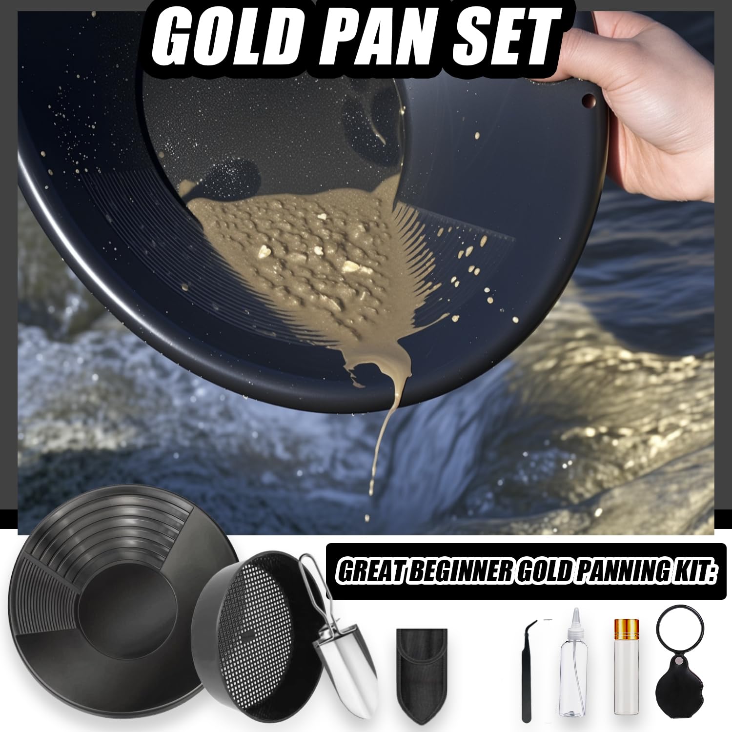 Setaccio Oro Kit Setaccio Per Oro Gold Pan Kit Bacino per la Ricerca dell'oro Ricerca Oro Pans Setaccio Accessori per Sabbia Oro miniere Lavaggio Manuale Oro panning (nero)