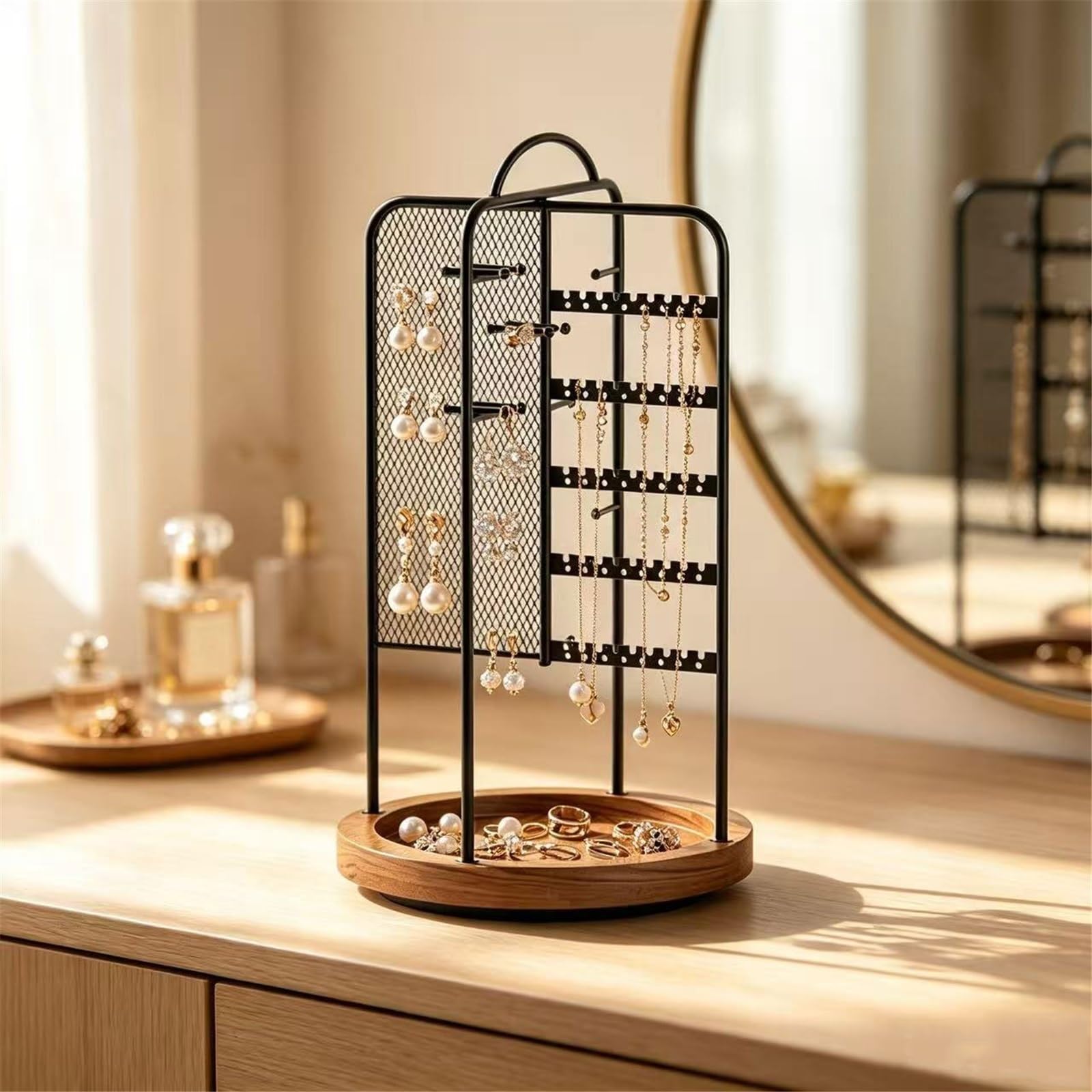 organizator biżuterii Rotatable Iron Jewelry Organizer Stand with Wooden Tray