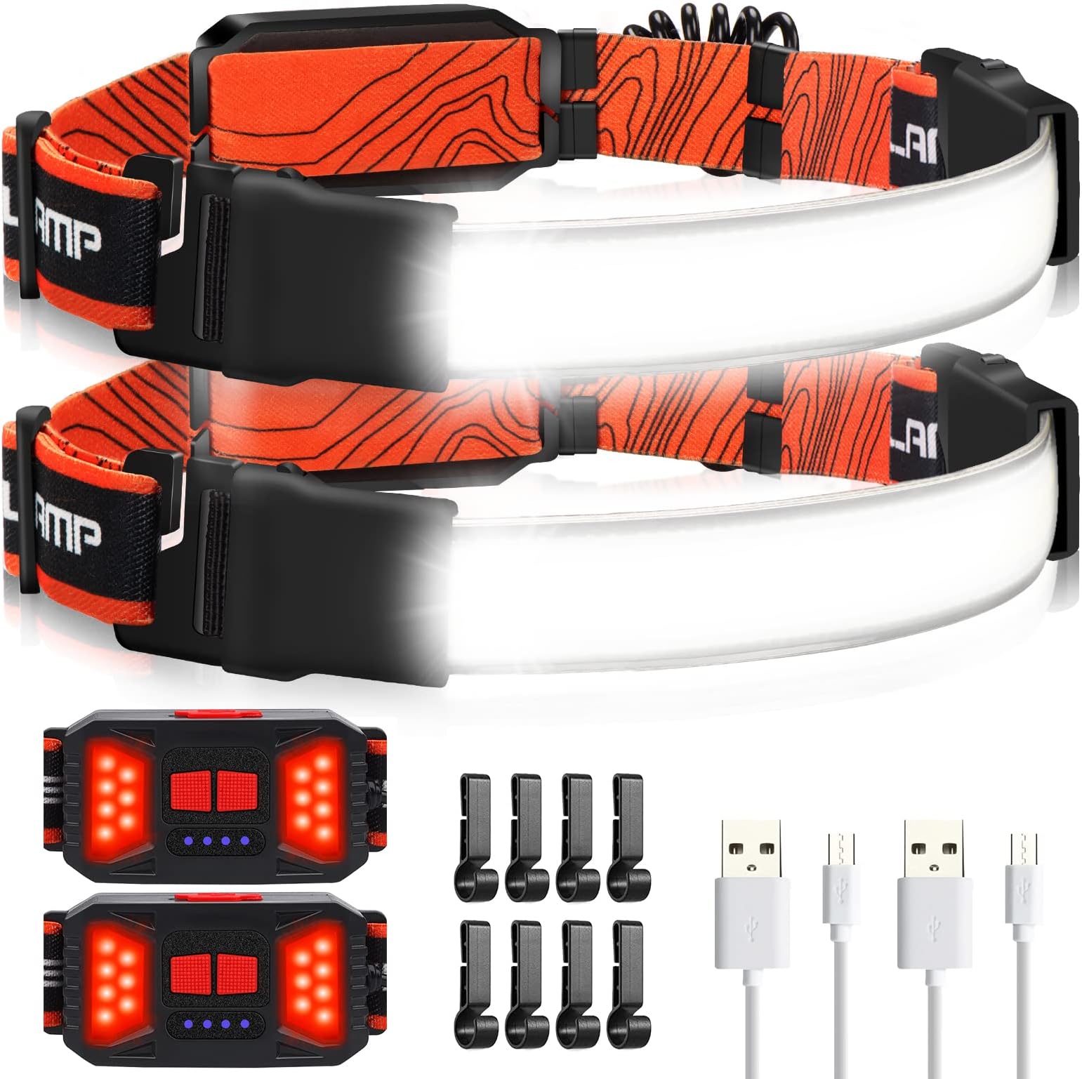 LED Headlamp Flashlight, 2Pack 1000LM 230°Wide-Beam Rechargeable Head Lamp for Adults, Red Taillight & 8 Clips Waterproof Hard Hat Light Headlamps for Running Hiking and Camping