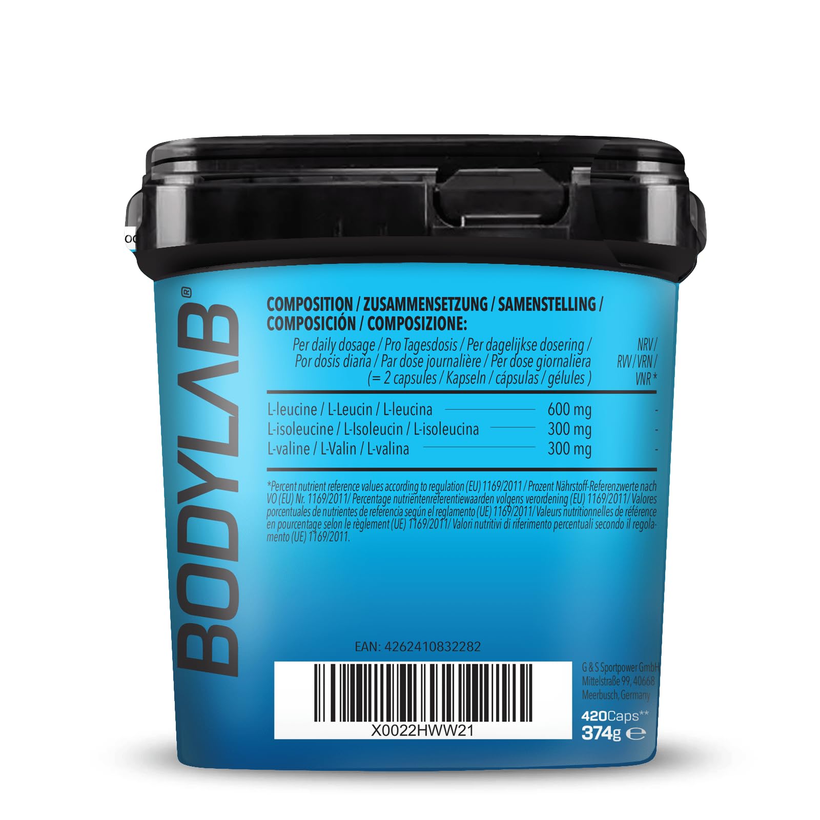 Bodylab24 BIG PACK BCAA 420 Kapseln, 1200mg BCAA im Verhältnis 2:1:1 je Portion, enthält L-Leucin, L-Isoleucin und L-Valin, einfach in der Dosierung durch praktische Kapselform
