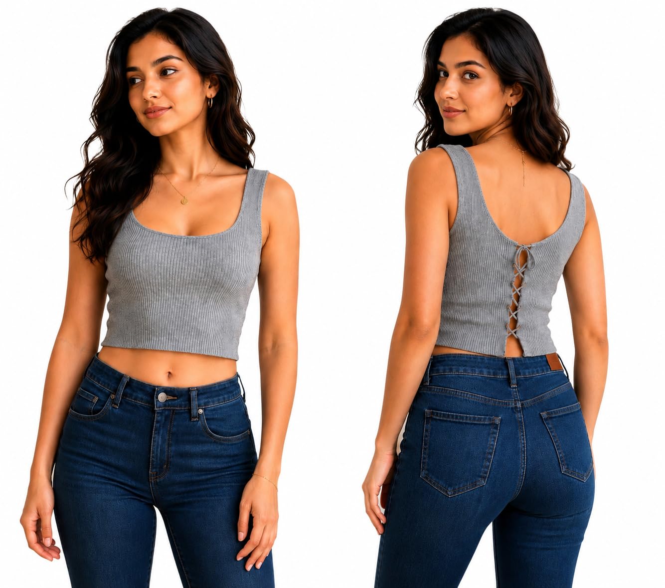 Women's Grey Ribbed Sleeveless Crop Top with Lace-Up Back-image-25