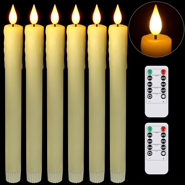 PChero LED Flameless Taper Candles with Remote, Set of 6 Battery Operated Real Wax Candles Ivory Electric Flickering Candlesticks for Christmas Home Table Room Decoration  Warm White