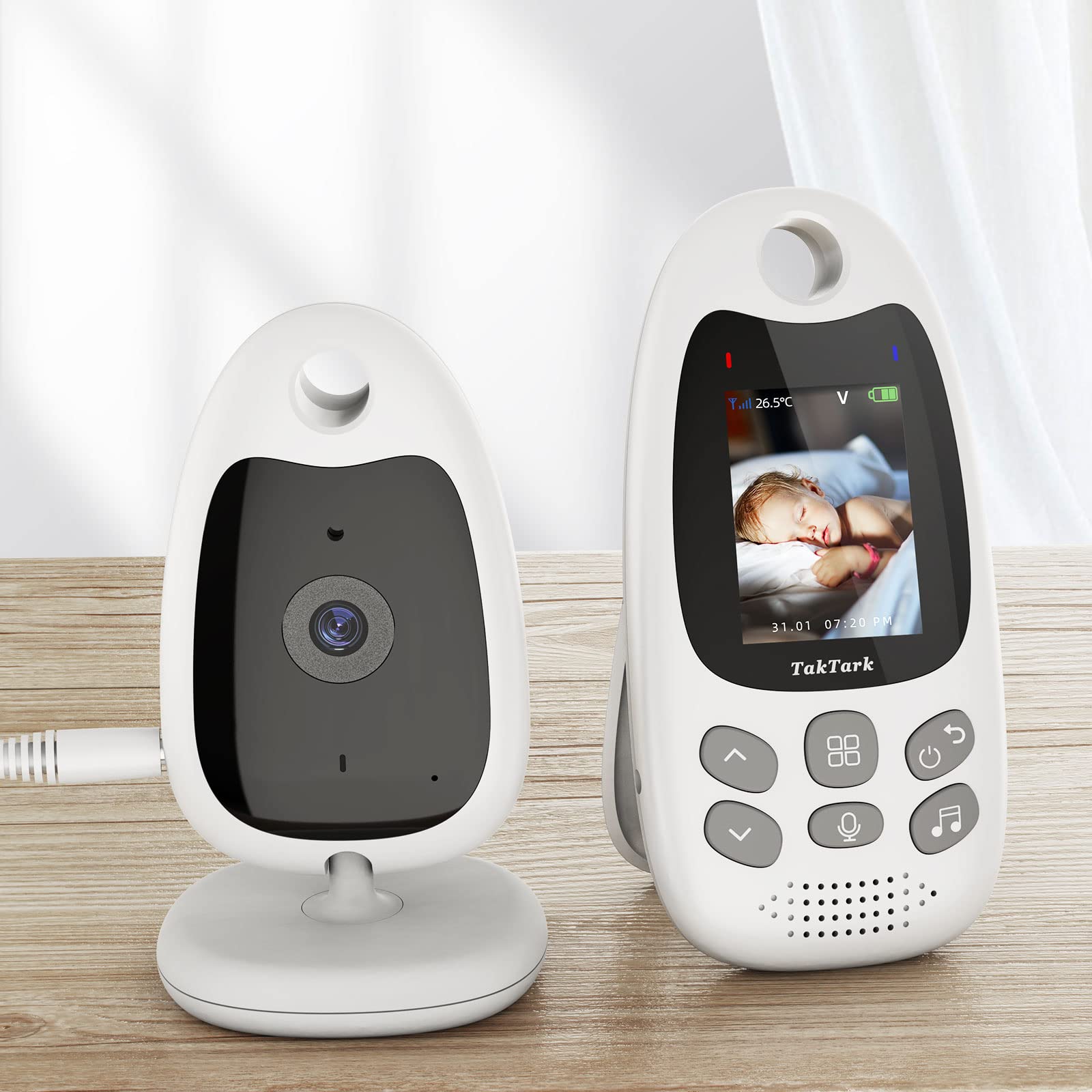 TakTark Babyphone mit Kamera, Babyfon mit Kamera 2'' Video Baby Monitor, Kamera und Audio Babyphone mit VOX Funktion, Gegensprechfunktion, Nachtsicht, Temperaturüberwachung
