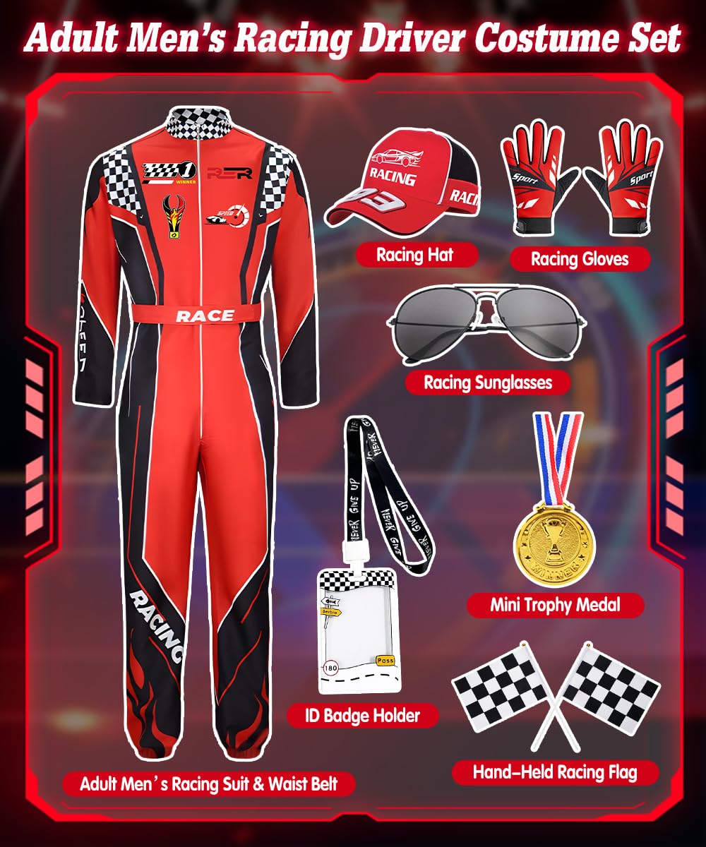 Costume da Pilota da Corsa Uomo, Tuta da Pilota per Adulti con Accessori, Occhiali da Sole Guanti Cappello Porta Badge, Costume da Pilota di Auto da Corsa per Carnevale Halloween Festa