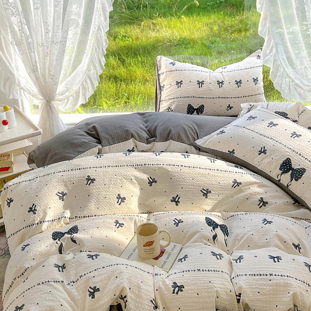 Covebett Black Bows Duvet Cover Double Black Floral Bowknot Print Reversible Bedding Set Girls Bow Tie Cute Washed Microfiber Comforter Cover 200x200 cm with Zipper Closure and 2 Pillowcases 50x75cm โ image 1