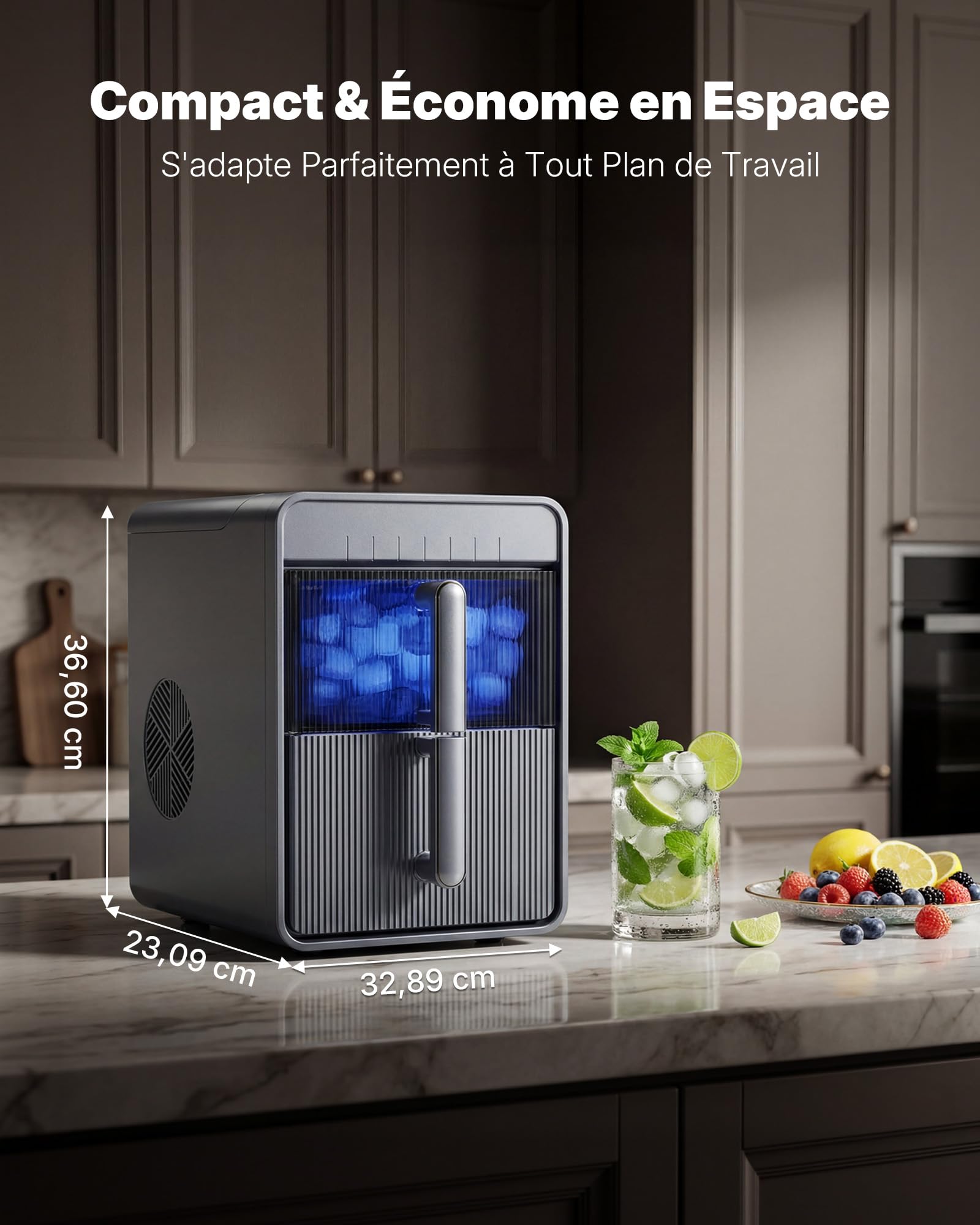 Upstreman Machine à Glaçons avec LED,Écran Tactile Numérique, Réservoir et Panier Amovible,9 Glacons en 6-8 Min,2 Tailles de Glaçons, Autonettoyante,Machine a Glacons Portable,Gris,BI10