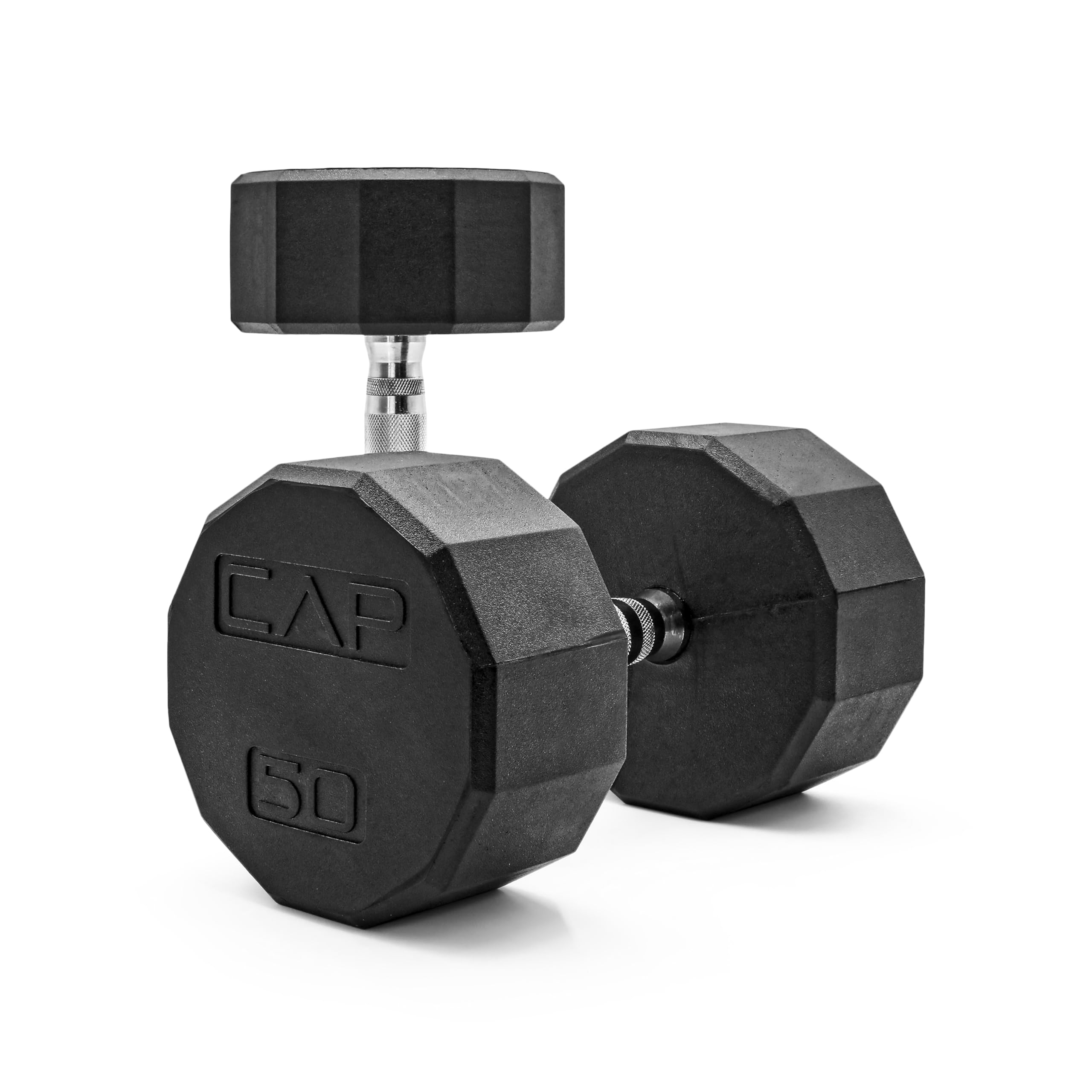 CAP Rubber Coated Dumbbell Weights, Free Weights for Home Gym Strength Training, Anti-Roll Hex Dumbbells with Black, Chrome &amp; Comfort Grip Handles, Pairs &amp; Sets