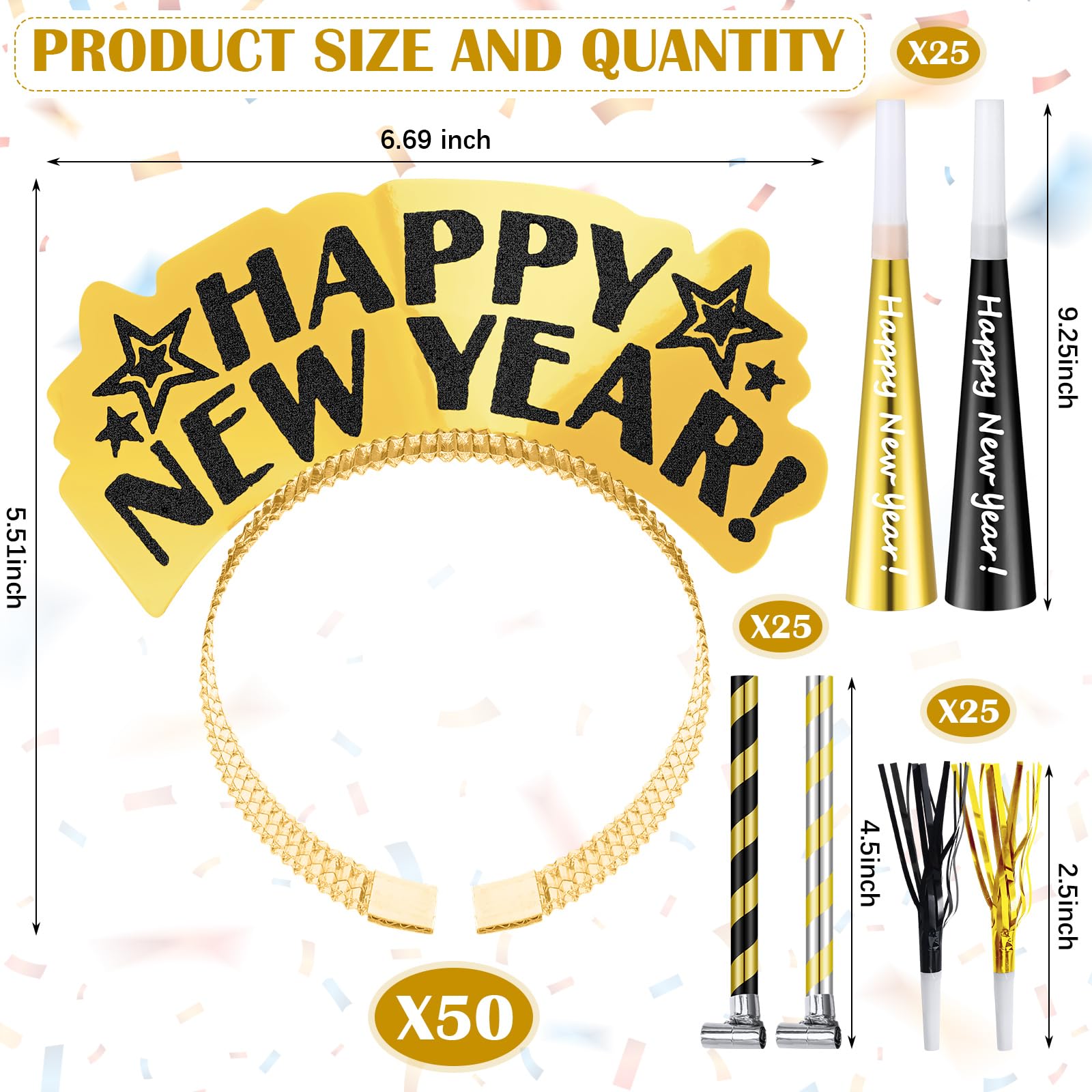 Lenwen 200 piezas de suministros para fiesta de Año Nuevo 2026, 50 diademas de feliz año nuevo, 150 bandas de ruido con flecos, doradas, plateadas, negras, recuerdos de fiesta, accesorios de cabina de