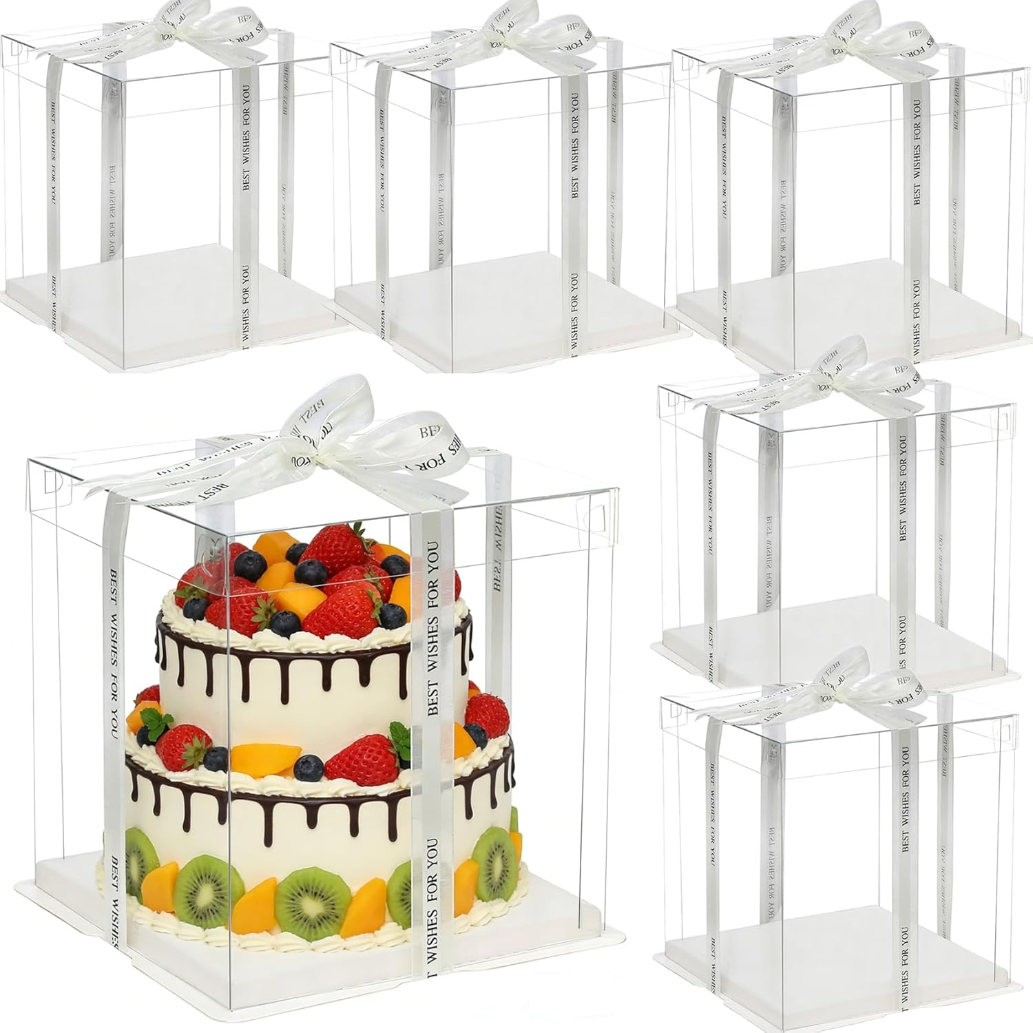 6 Pack Clear Cake Box, 2-Layer Transparent Cakes Box with Ribbon, 10" X 10" X 9" Tall Cake Carrier Boxes with Sturdy Board for Bakery Dessert Bread Pastry Birthday Parties, Wedding Graduation