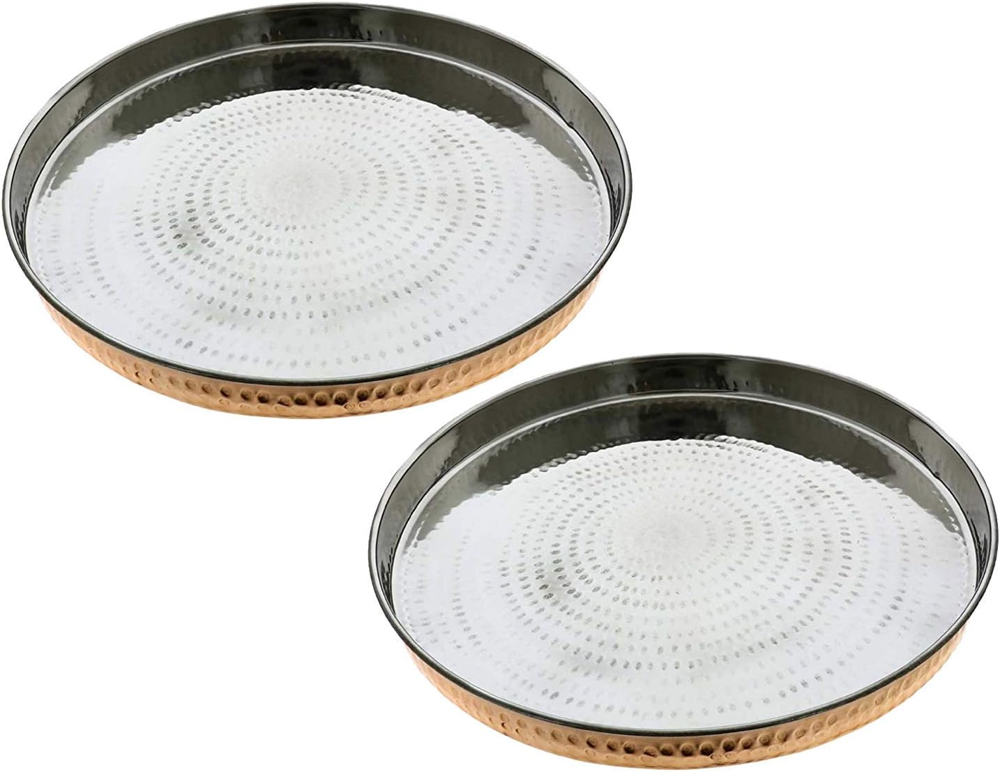 PARIJAT HANDICRAFT Set of 2 Hammered Copper & Stainless Steel Dinner Plate Thali Tableware Dinnerware for Indian Food and Dishes 12 Inches