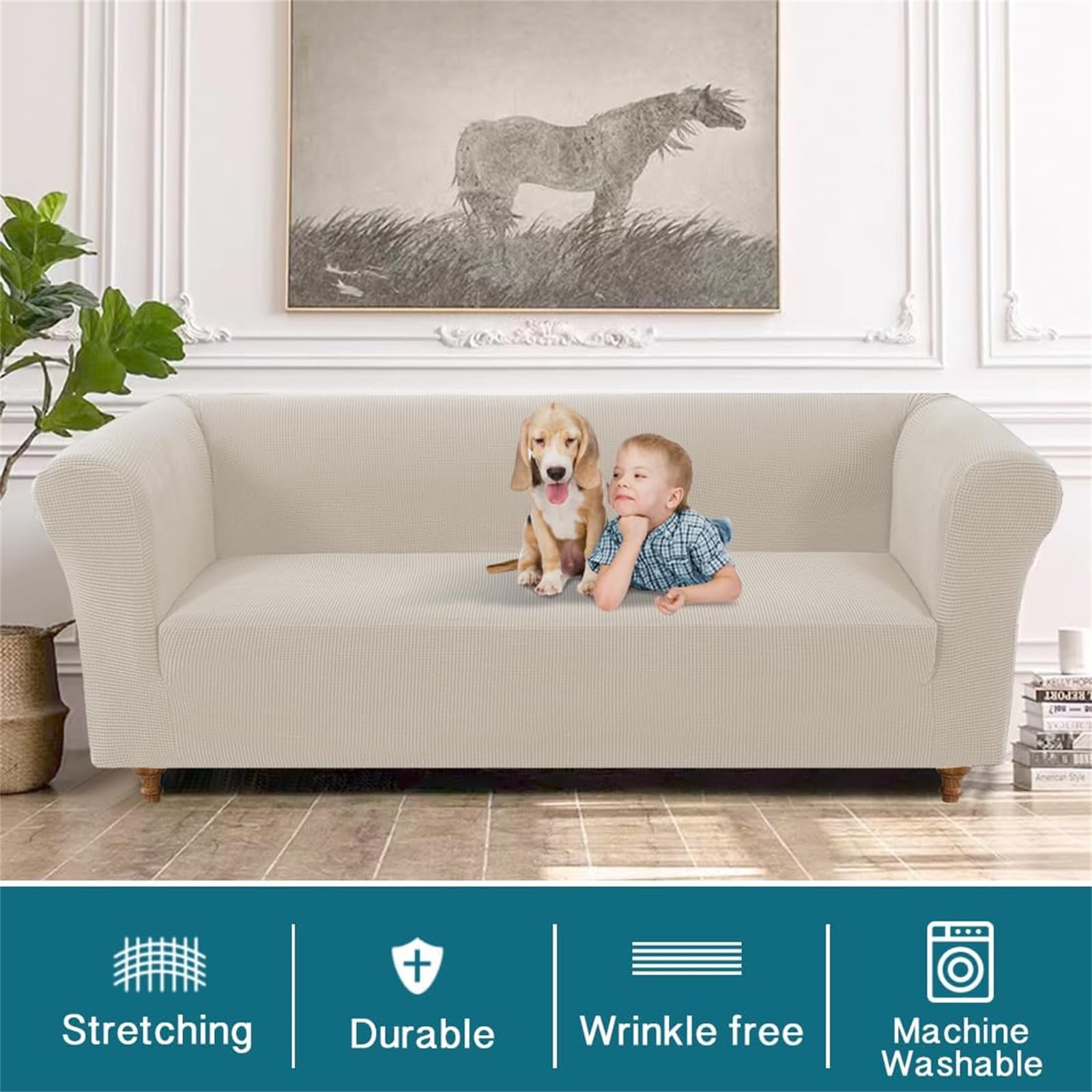 BXFUL Stretch Chesterfield Sofa Cover 1 Piece Couch Cover for Living Room Soft Non-Slip Sofa Slipcover Furniture Protector for Dogs Feature Thick Jacquard Fabric (Sofa,Ivory) - Image 3
