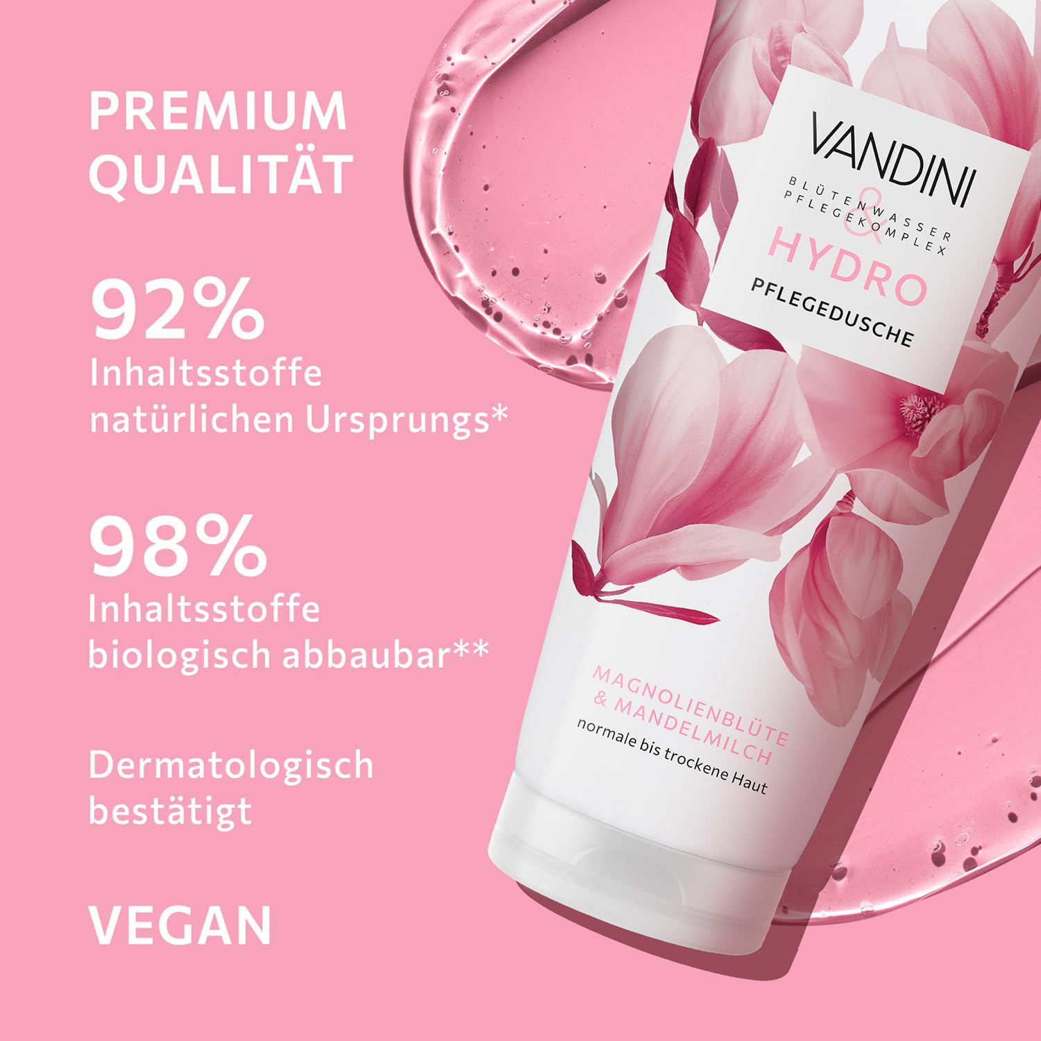 VANDINI HYDRO 6 x Ducha de cuidado para mujer de 200 ml con flor de magnolia y leche de almendras – Gel de ducha para piel normal a seca – vegano, sin parabenos ni siliconas, dermatológicamente