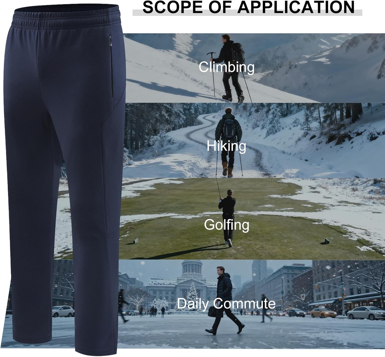 Men's Fleece Lined Hiking Pants, Insulated Water Resistant Softshell Thermal Pants with Zipper Pockets for Golf
