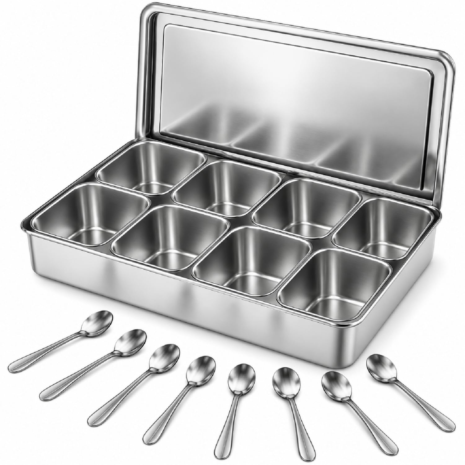 Stainless Steel Condiment Box with Lid, Spice Organiser with 8 Spoons