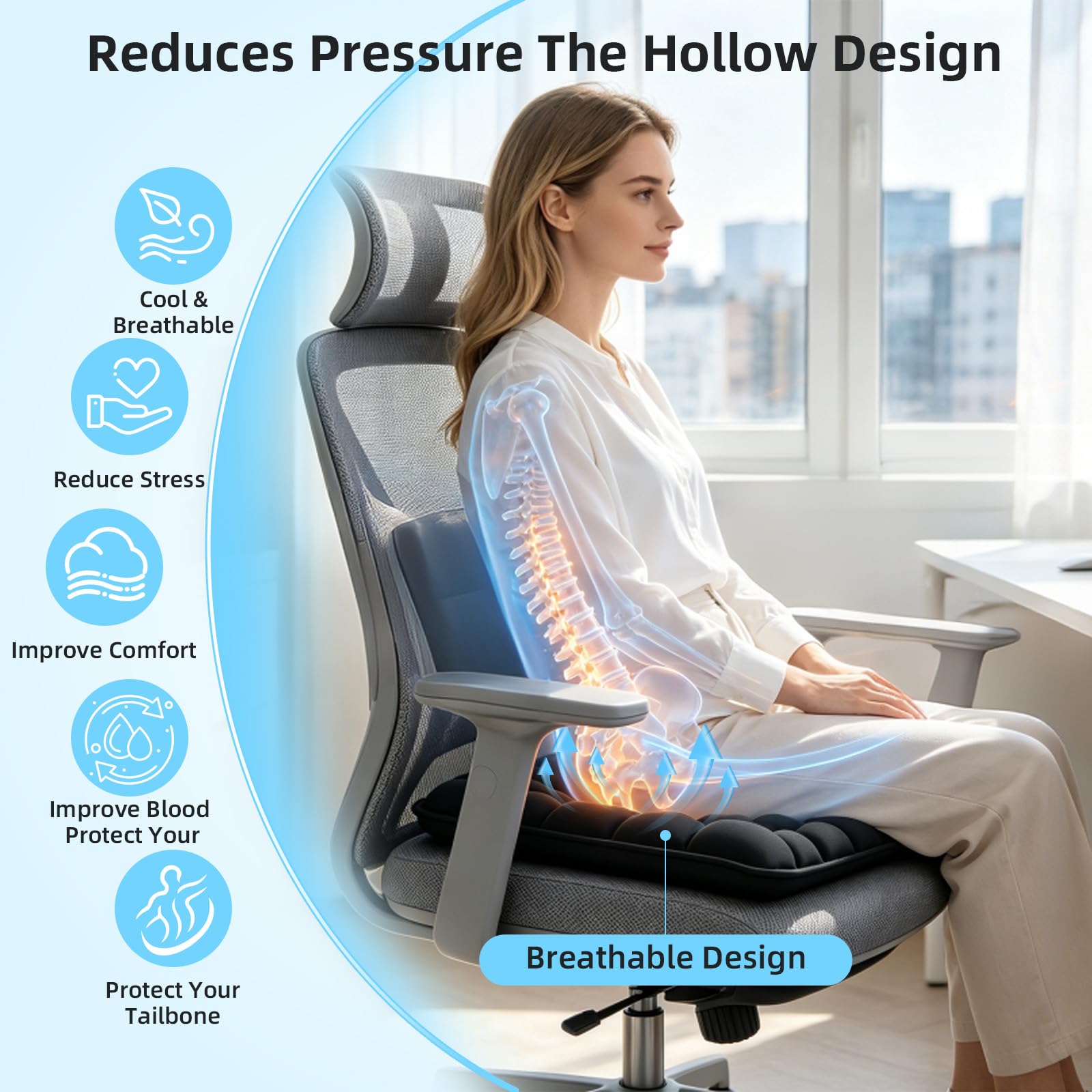 45 x 40 cm, cojín de asiento antidecúbito, ortopédico ergonómico, cojín de asiento ergonómico con células de aire 3D, cojín inflable para coche, oficina, hogar, silla negro