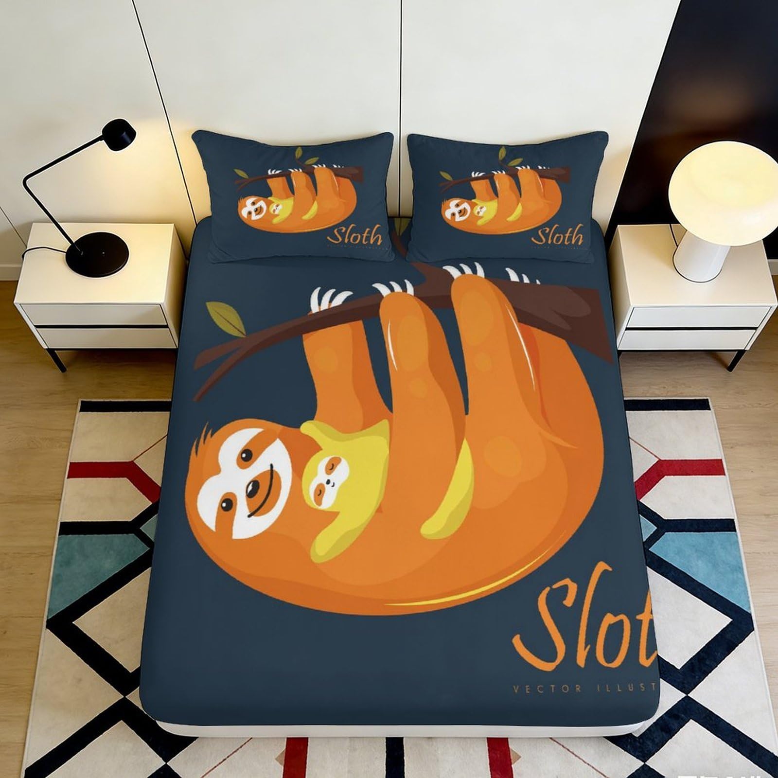 3D Printed Sloth Animal Fitted Sheet Microfiber Soft Breathable Cartoon Bed Cover for Bedroom Dormitory Guest Room Mattress Protection Decor 140x200x25cm