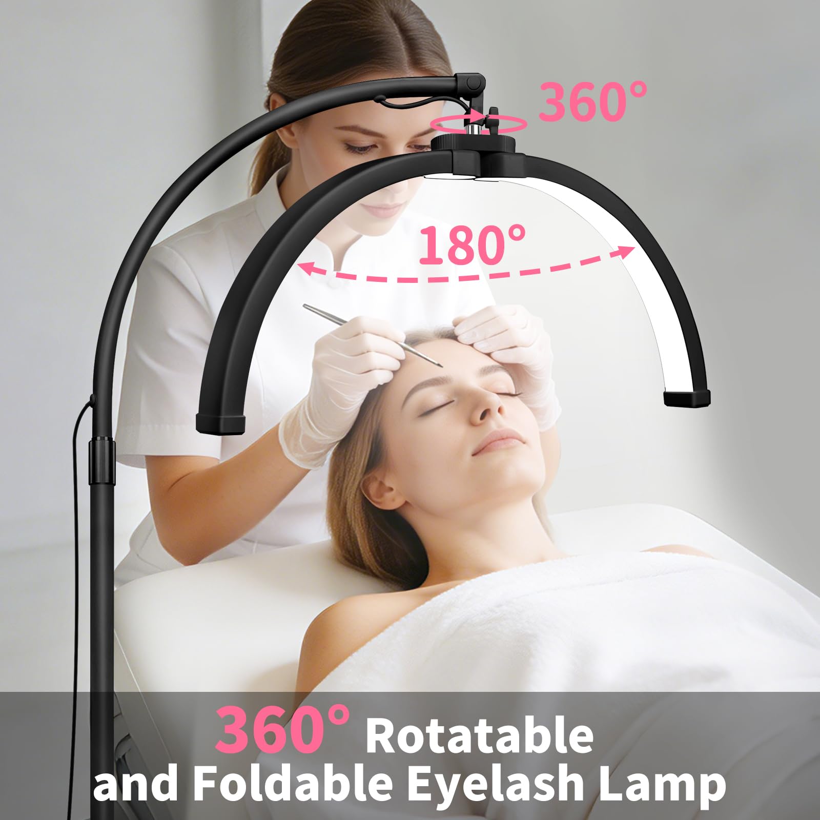 Lampe Extension de Cils Demi-lune Pliable LED avec Support de Téléphone 360° Rotative Luminosité et Hauteur Réglable Noir