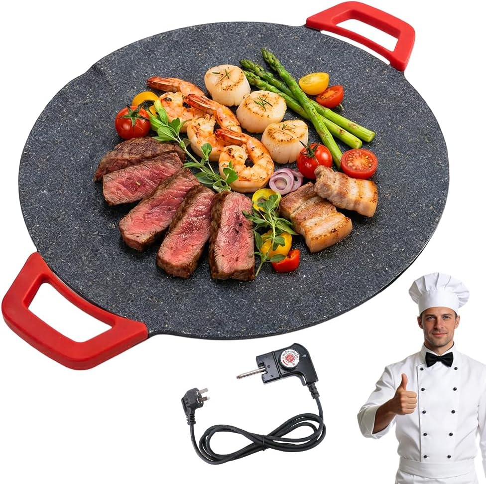 Portable Electric BBQ Grill, Nonstick Electric Griddle for Indoor Use, Compact, Fast-Heating Tabletop Grill for Steaks, Burgers, Pancakes, BBQ (Black, 12in)