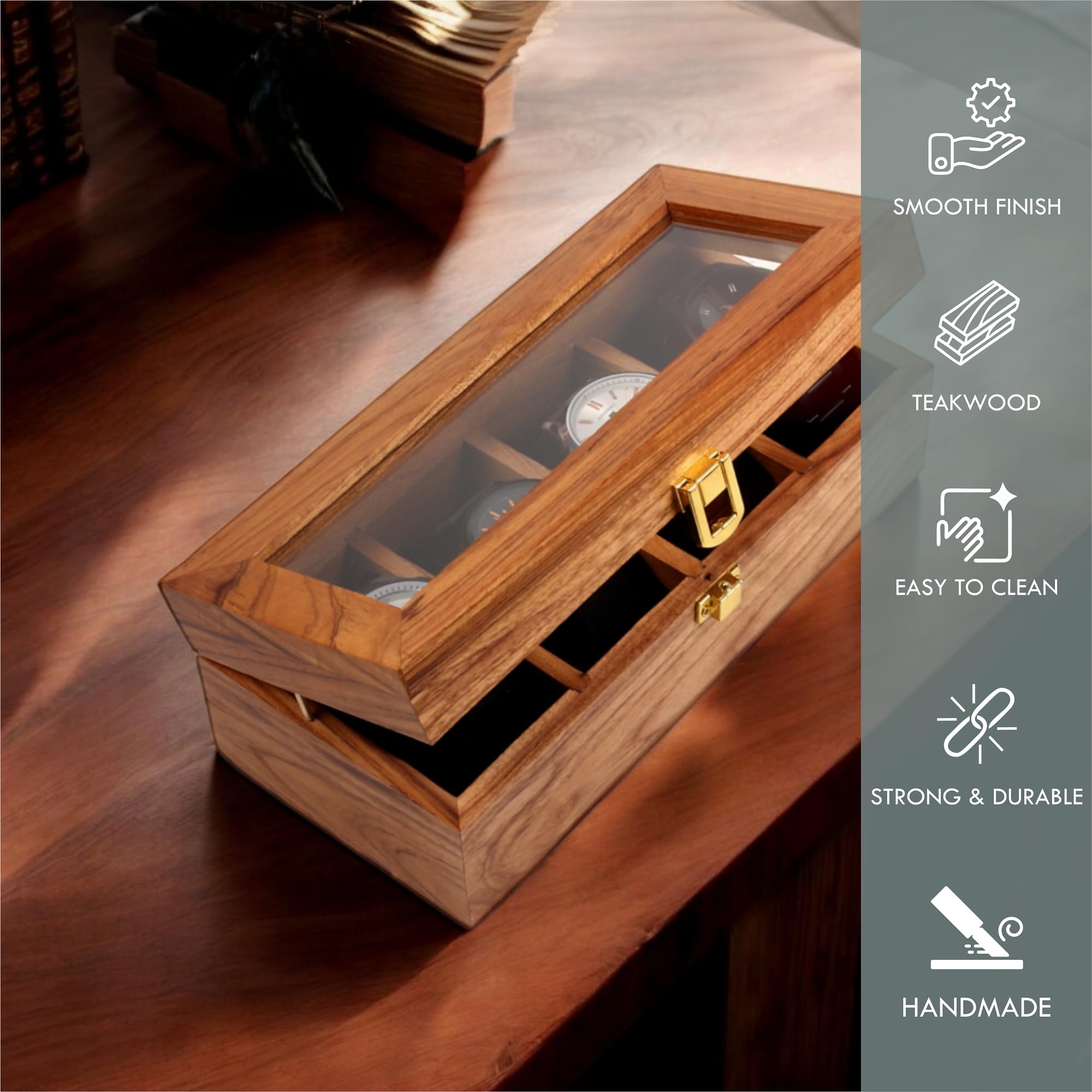Caja de reloj de madera, organizador de almacenamiento, vitrina, soporte para joyas, regalo para hombres y mujeres, hecho a mano en madera de teca, de 4 a 12 ranuras, viene con