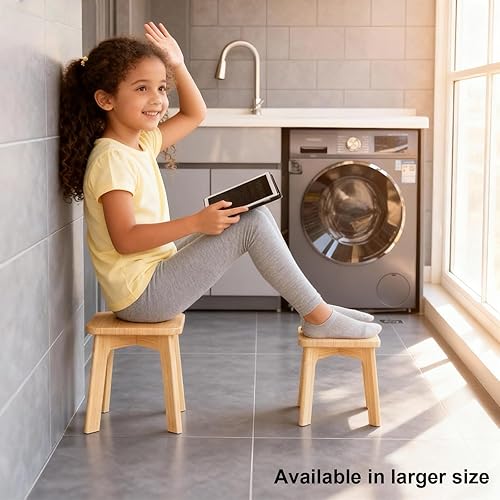 Miniatura 5 de Taburete de madera para niños – Taburete pequeño para sentarse o pararse – Taburete antideslizante para fregadero de baño, entrenamiento para ir al