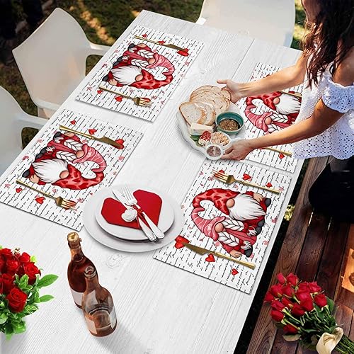 Vista 890 de Juego de 6 manteles individuales rojos para el día de San Valentín, diseño de corazón de San Valentín, resistentes al calor, lavables, manteles