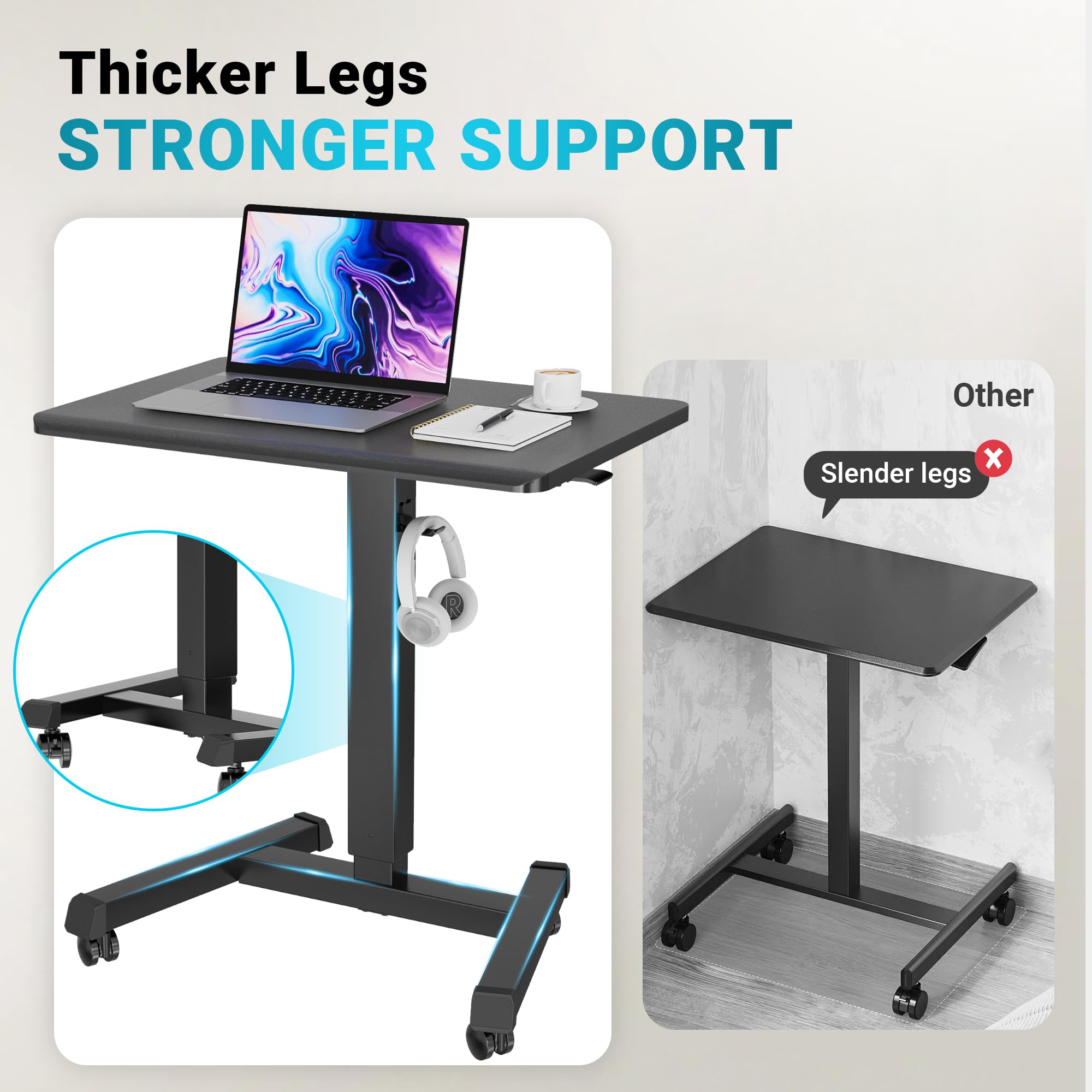 BONTEC Mobile Standing Desk Adjustable Height Rolling Laptop Cart with Hook Portable Workstation with Pneumatic Lift Ergonomic Table — view 3