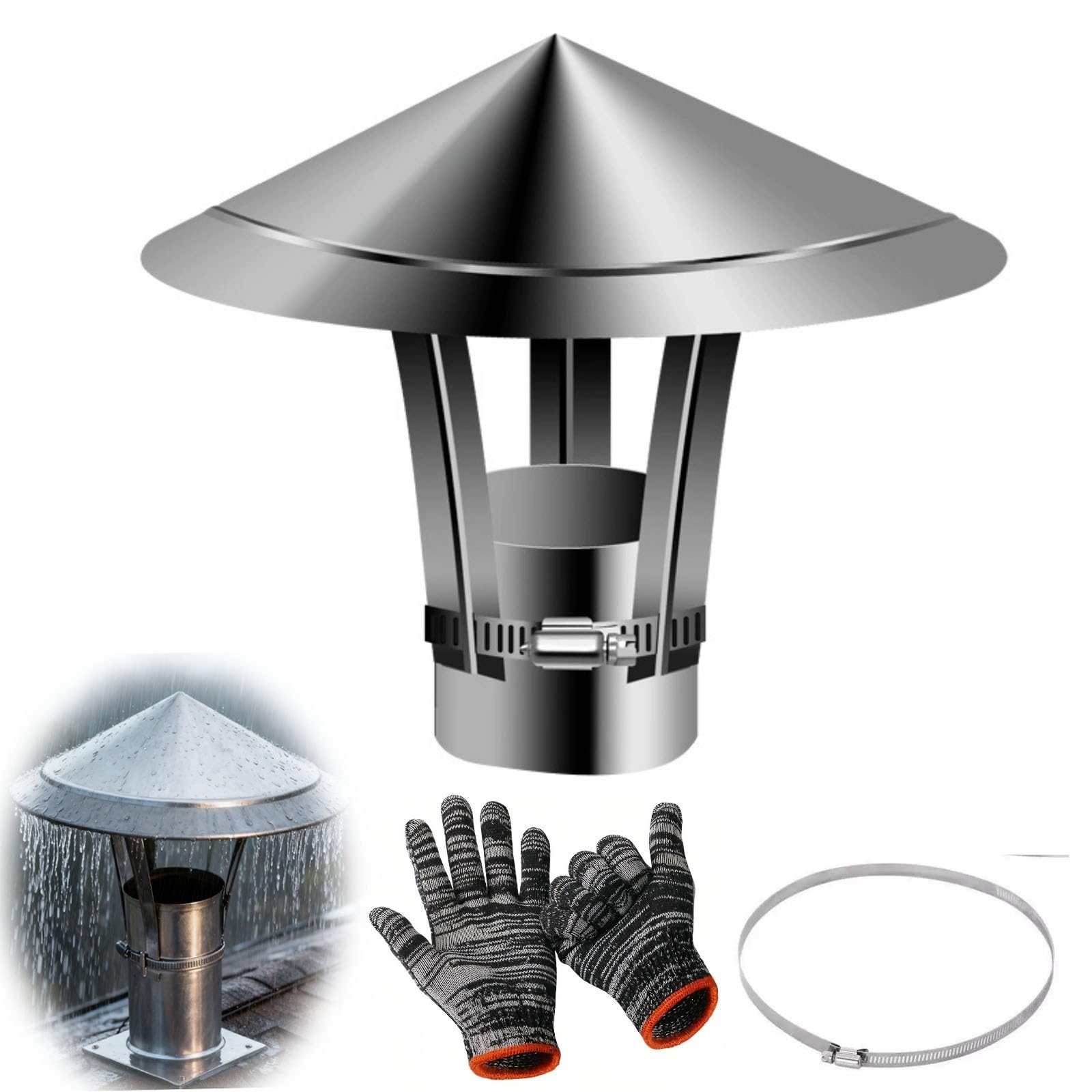 KGLHJDY 50-300mm Chimney Cowl, 304 Stainless Steel Chimney Flue Rain Cover, Vent Stove Pipe Guard, Wood Stove Fireplace Exhaust Cap, with Gloves(220mm/8.66in)