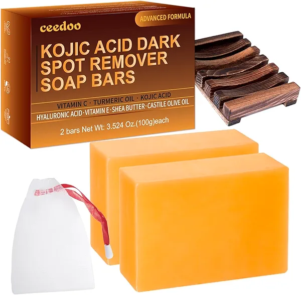 ceedoo Kojic Acid Dark Spot Remover Soap Bars with Vitamin C, Retinol, Collagen, Turmeric with Hyaluronic Acid, Vitamin E, Shea Butter, Castile Olive Oil - 3.52 OZ x 2 Bars