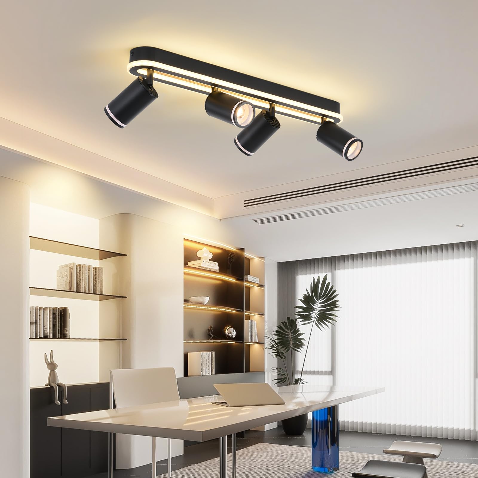 MYCUL Lampara tech 4 llamas orientable 350°,Foco de techo con resplandor inferior 36W+4x5W focos GU10,3000K blanco cálido focos led interior,Lámpara de techo moderna,Foco para cocina,Salón Negro