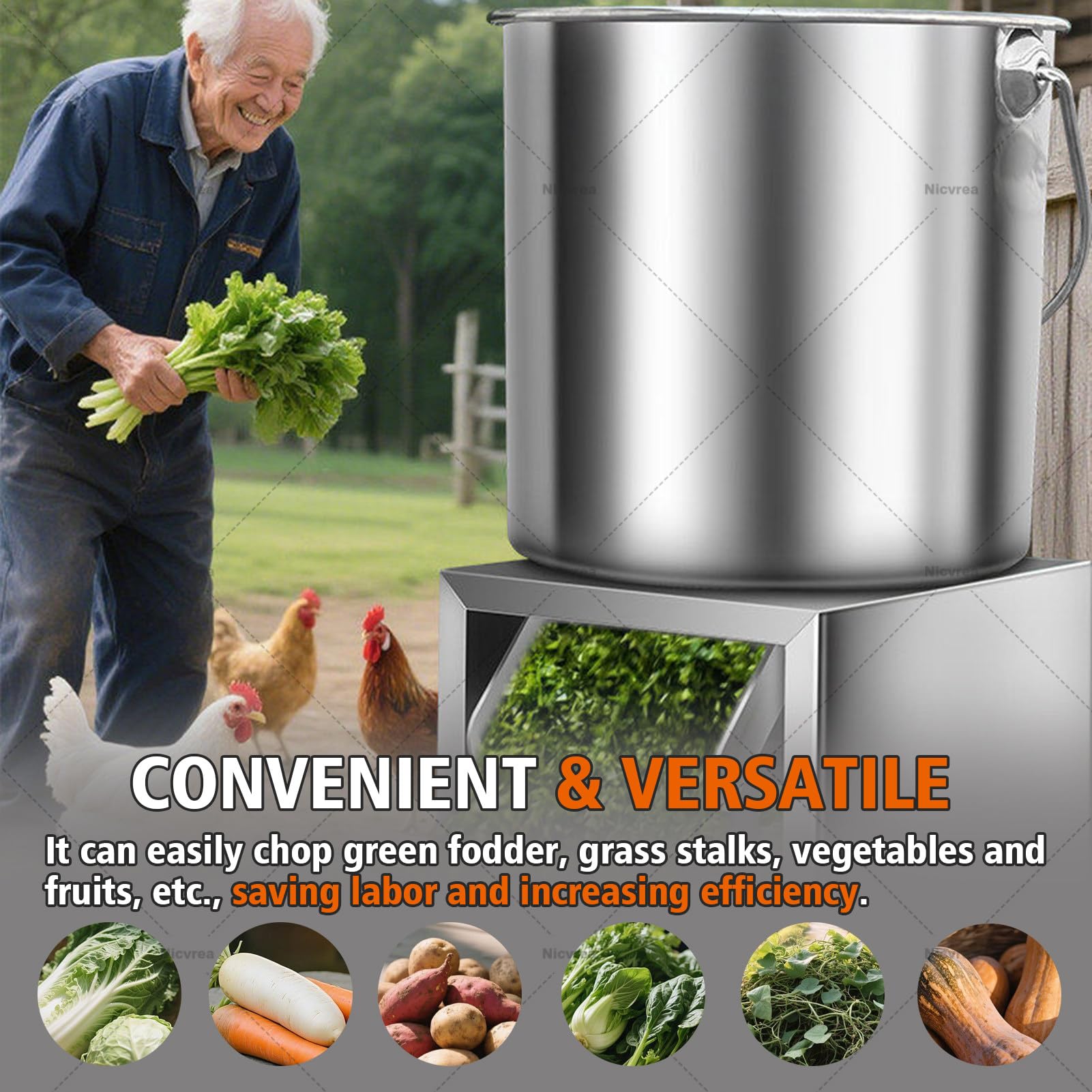 Picadora de verduras eléctrica comercial, alta potencia 1000 W, 3500 rpm, acero inoxidable, eficiente para cocinar en casa y uso en granja
