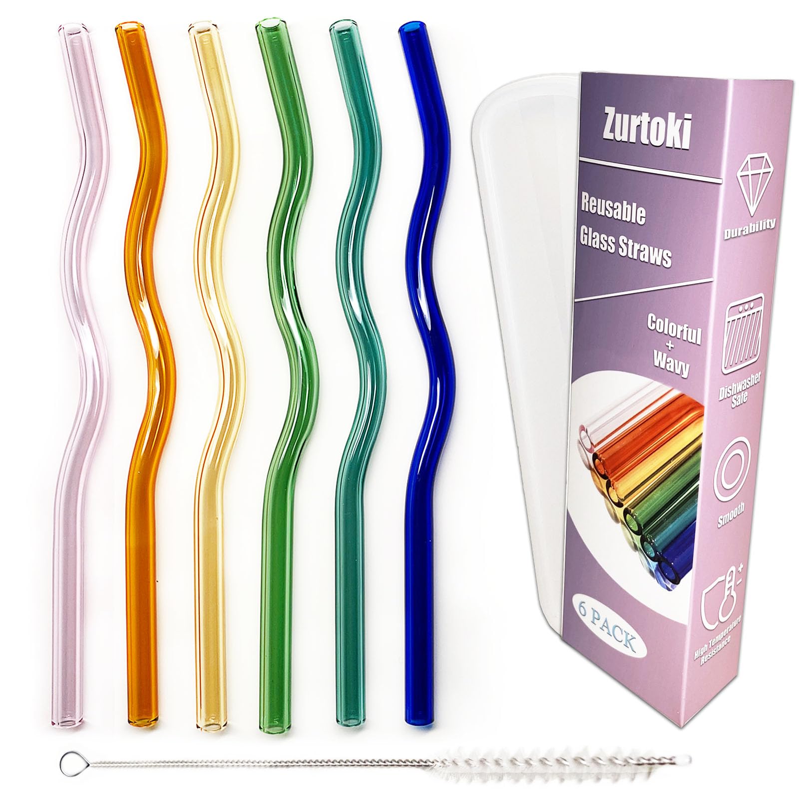 Bunte gewellte Glas-Trinkhalme, 20 x 8 mm, niedliche, wiederverwendbare Glas-Trinkhalme aus hochwertigem Borosilikatglas, mit 1 Reinigungsbürste und 1 Aufbewahrungsbox, für kalte oder heiße
