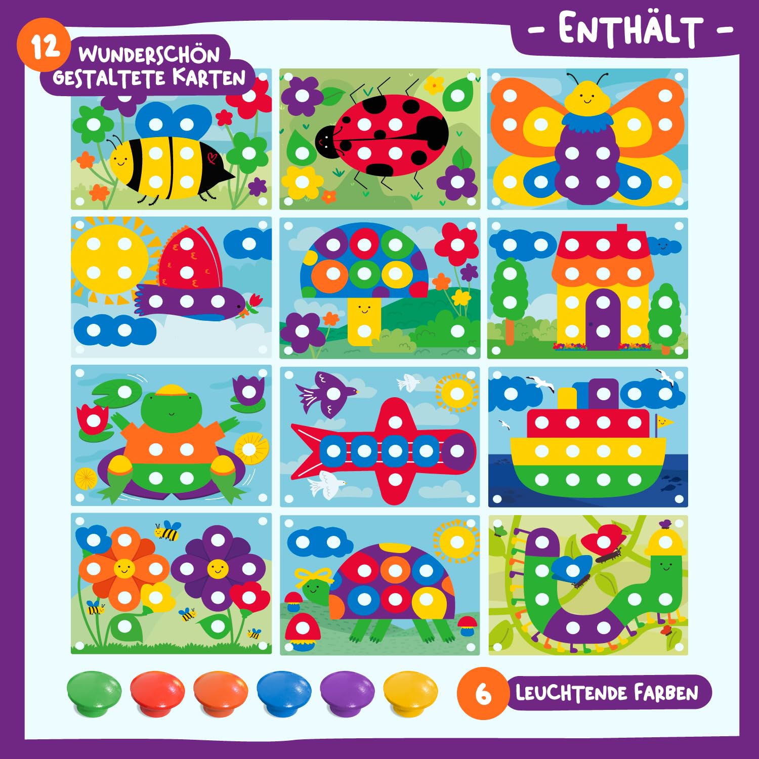 Nene Toys Holz-Steckspiel für Kleinkinder ab 2 Jahren – Mosaik-Steckspiel für Kinder 2–3 Jahre – Montessori Spielzeug mit Holzsteckern & Zuordnungskarten – Lernspiel für Jungen & Mädchen