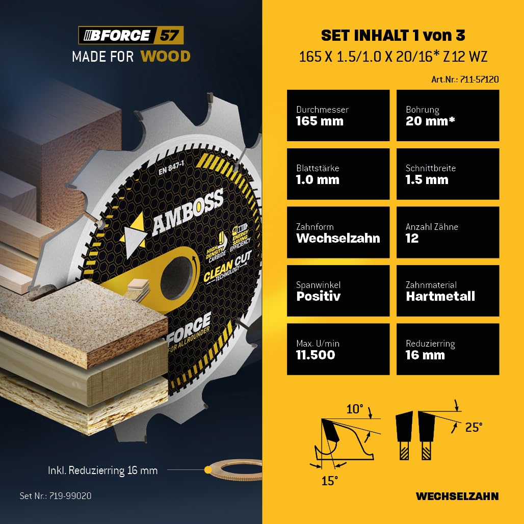 Juego de hojas de sierra circular de 165 x 20 mm con batería, compatible con Bosch GKS 18v-57g, Bosch GKT 55 GCE, Makita SP6000 - AMBOSS WERKZEUGE® Juego de hojas de sierra de 165x20 mm