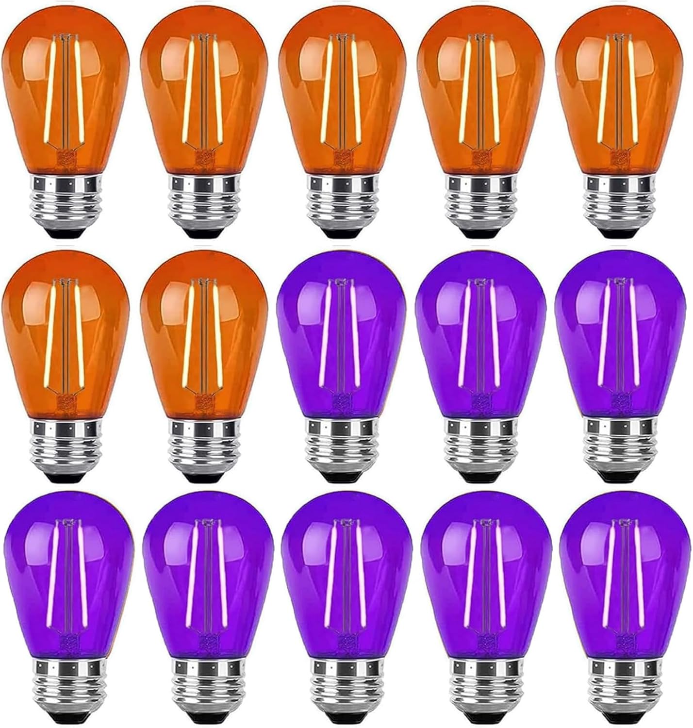 15 Pack S14 LED Bulbs Orange and Purple S14 Light Bulbs 2W LED Replacement Bulb S14 String Light Edison Bulb E26 Plastic Shatterproof LED Decorative Bulb for Outdoor Home Patio Halloween Decor