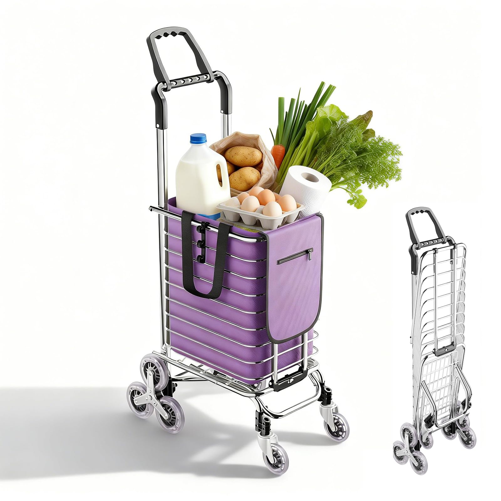 Vonvver Purple 35L Folding Shopping Trolley With 4 Wheels, Lightweight Shopping Cart 40Kg/88Lbs Capacity, Stair Climbing Grocery Trolley With Bag For Seniors & Outdoor, Foldable & Portable (Silver & )