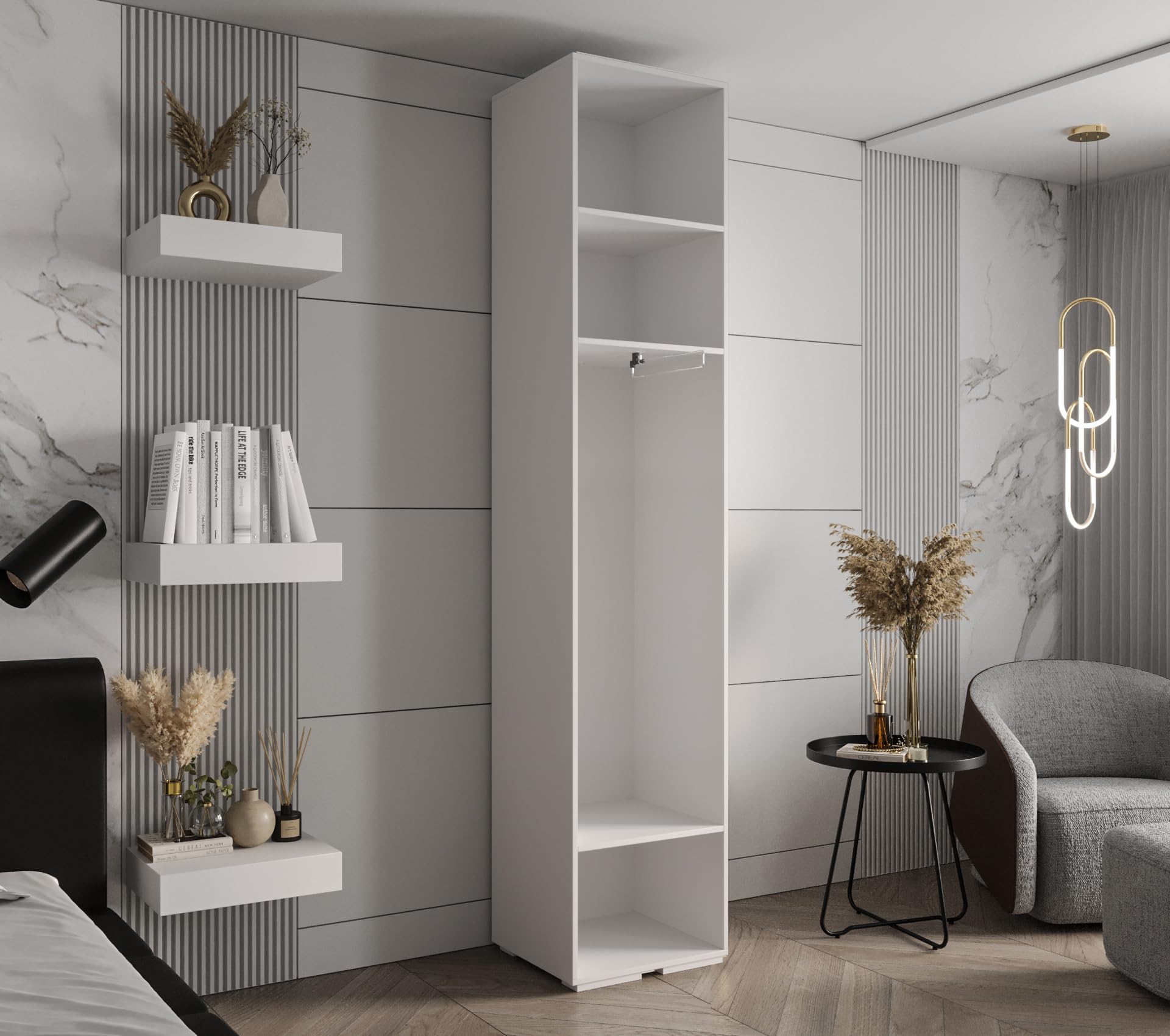 MEBLE KRYSPOL Inova 1 Moderner Schrank mit Regalen und Stange - Aufbewahrungsschrank für Schlafzimmer, Wohnzimmer - 236,7x50x47 cm - KGoldpusfarbe Kaschmir - Frontfarbe Kaschmir - Grifffarbe Gold