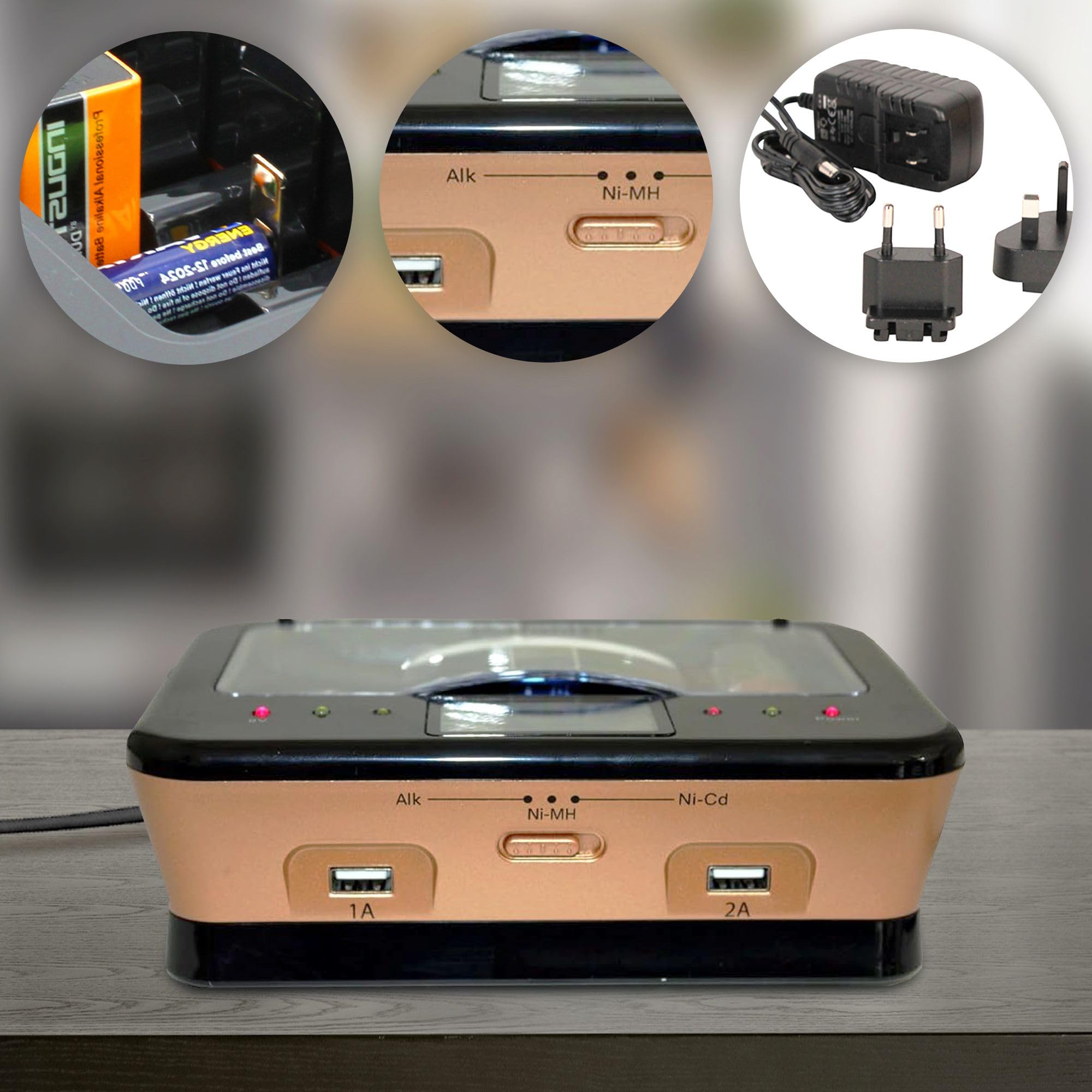 FISHTEC - Chargeur Universel de Piles Rechargeables - LR3 LR6 LR14 LR20 9V Ni-MH Ni-CD alcalines - Ecran LCD voyants LED - 2 Ports USB pour Smartphones tablettes Maison Bureau économie de Piles