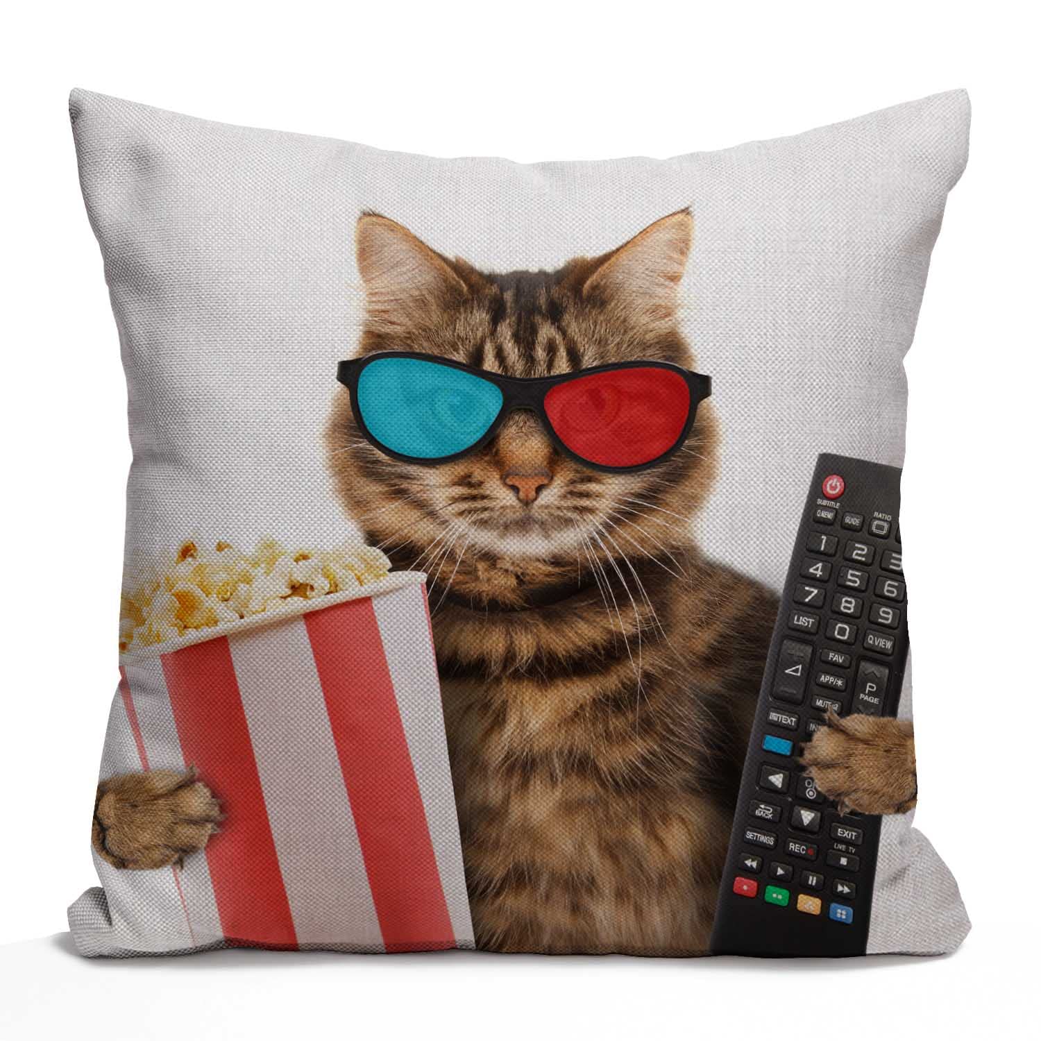 Tomda Funny Cat in The 3D Glasses with Popcorn Basket Cotton Burlap Linen Cushion Cover Throw Pillow Case Sofa Outdoor Decorative Square 45x45cm 18x18 Inch