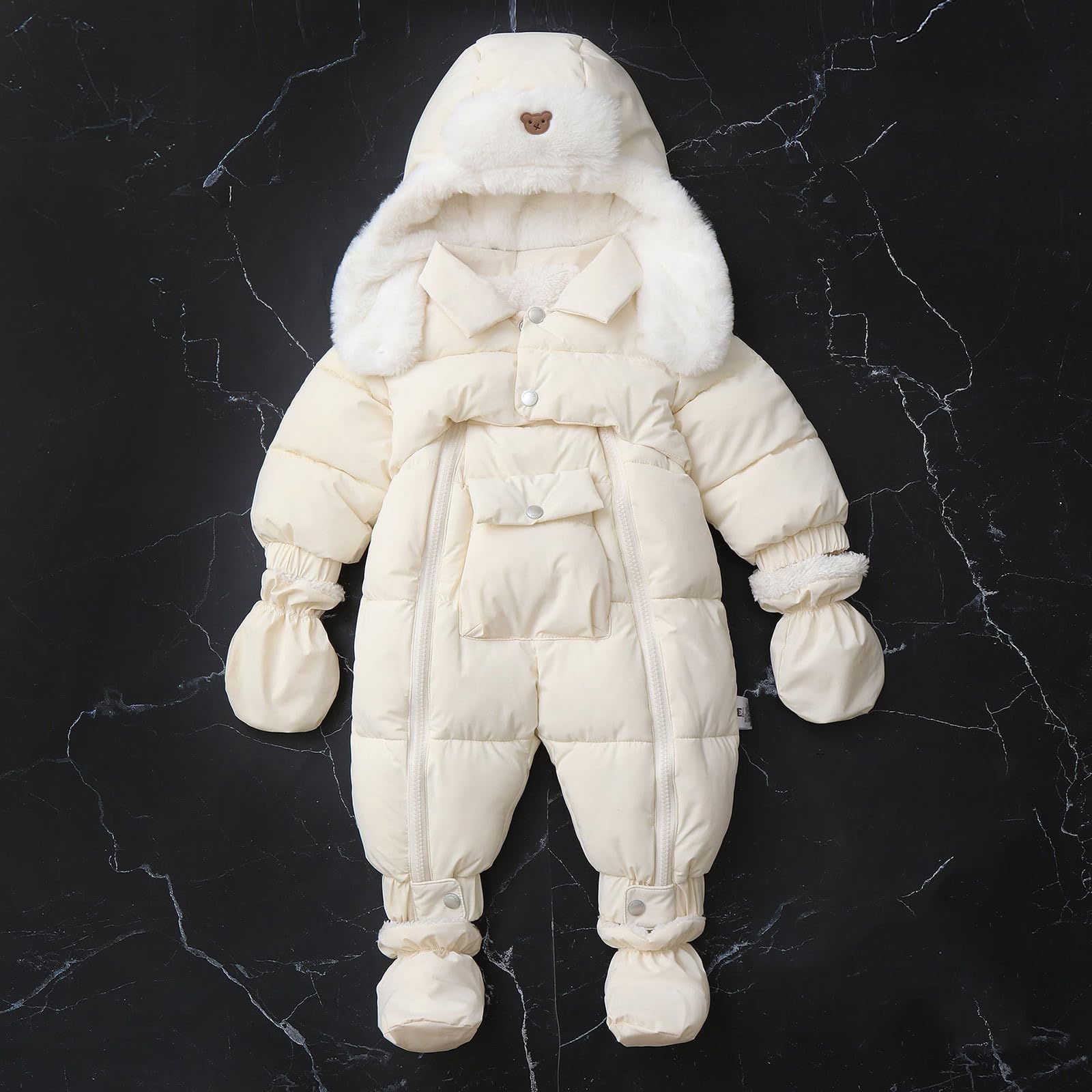 Combi Pilote Bebe Garcon Enfant Hiver De Neige Manches Longues Veste Jumpsuit Col De Fourrure avec Gants Coupe-Vent Nouveau-Né 0-12 Mois Manteau Ensemble