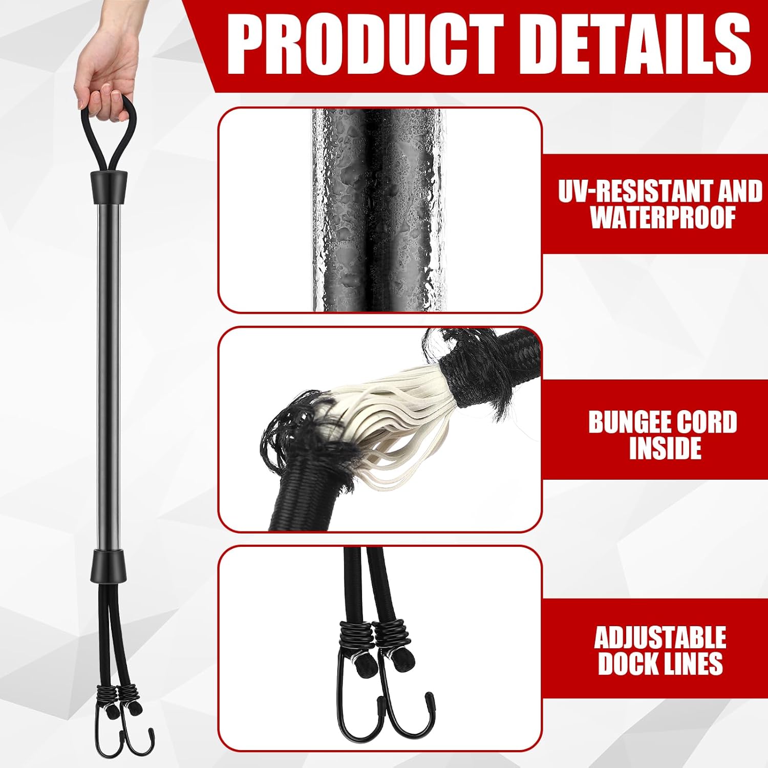 Tandefio 2 Pcs Dock Rods for Boat Docking 16 Inch Dock Boat Mooring Poles, Bungee Lines with Hook, Speedboat Accessories for Men Gifts