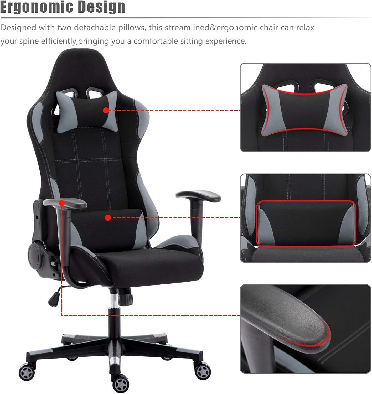 Racing Chair Computer Chair PU Gaming Chair with Headrest Lumbar Cushion 135 Degree Reclining Angle Blue Colour:Grey (Color : Grey)
