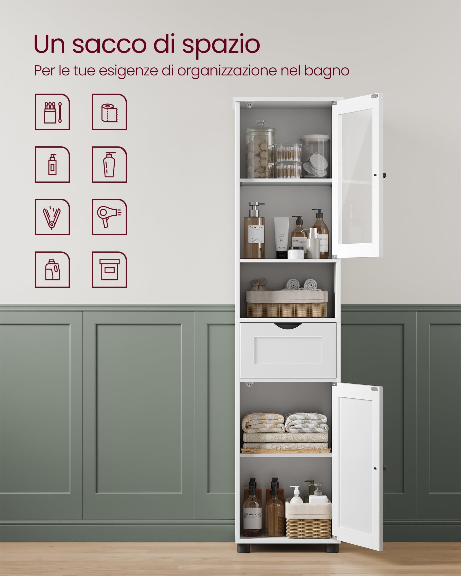 VASAGLE Mobile da Bagno Salvaspazio, Mobile a Colonna, Mobile Alto, Ripiano Aperto, Anta in Vetro, Mobiletto Bagno con Piedini, Ripiani Regolabili in Altezza, Bianco Nuvola BBK163W01